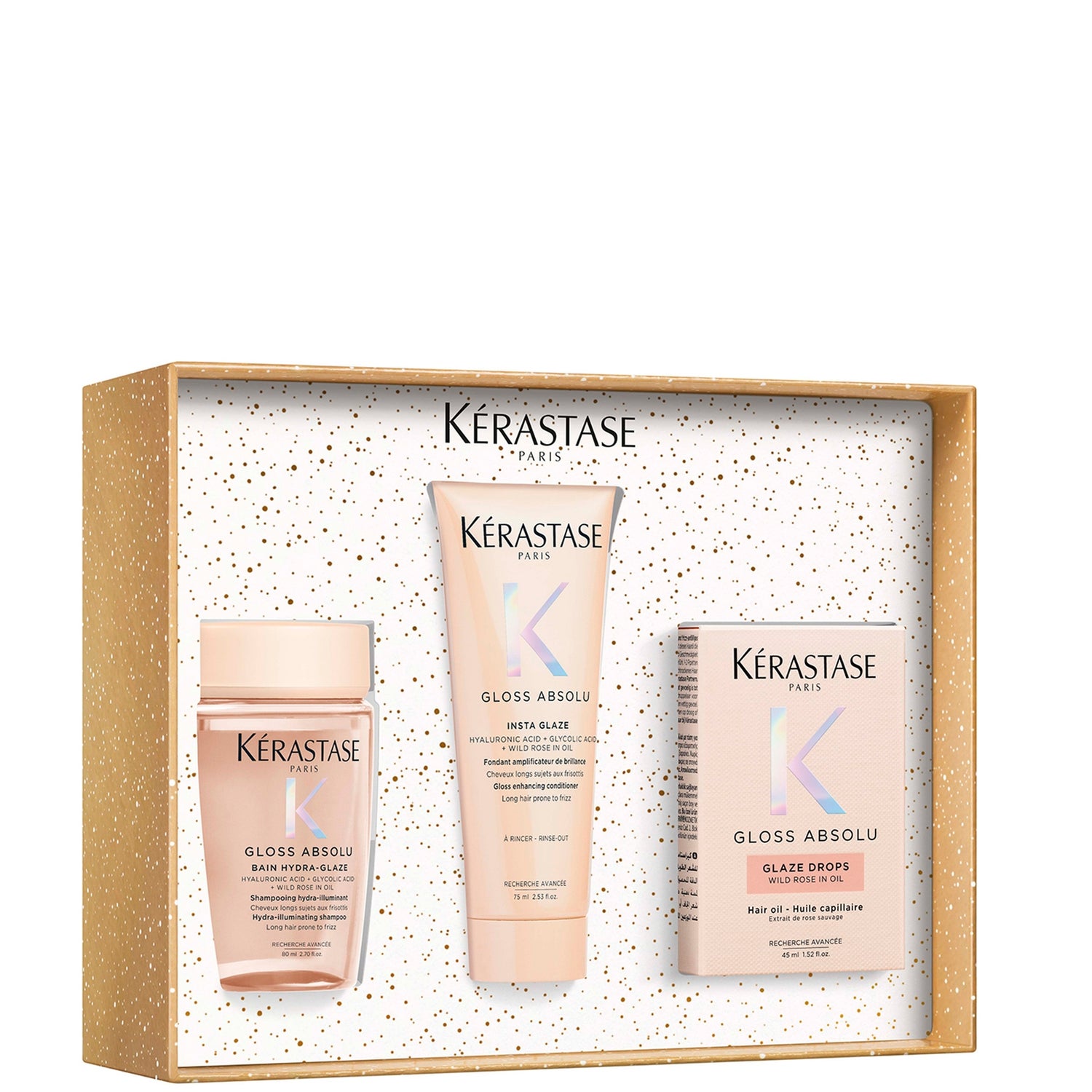 Kérastase Gloss Absolu Trio for Glossy Hair, Glaze Drops Hair Oil & Travel Size Shampoo & Conditioner with Hyaluronic Acid