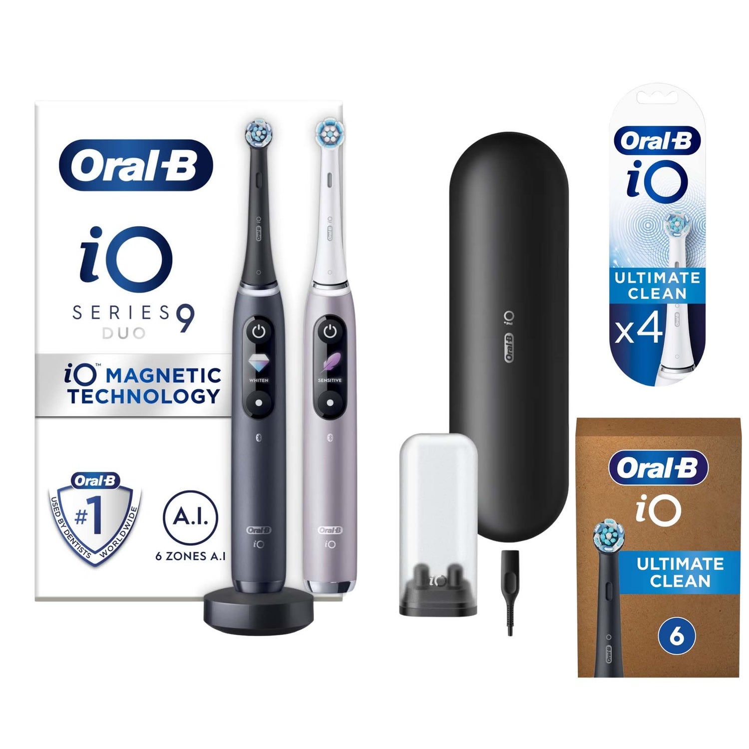 Oral-B iO9 Duo Pack of Two Electric Toothbrushes, Black Lava & Rose Quartz