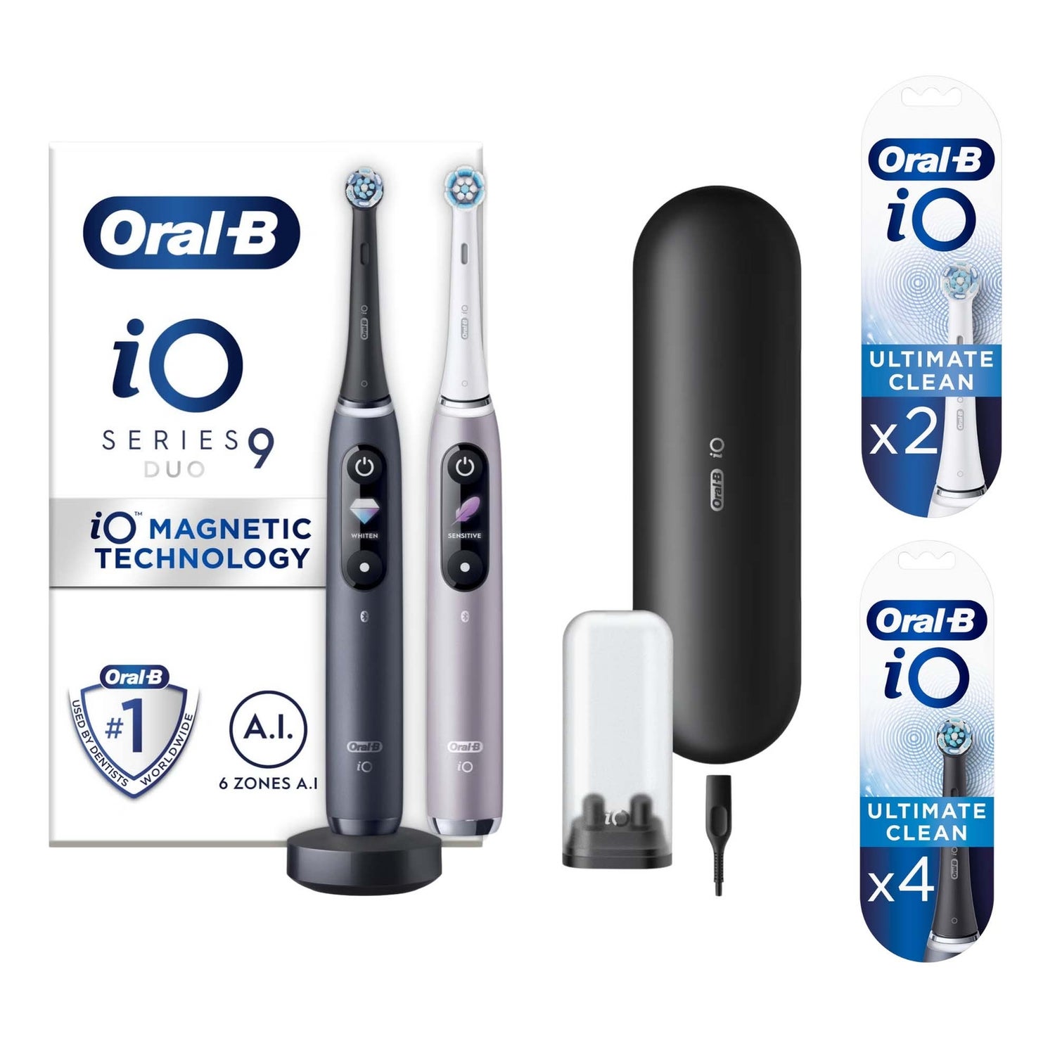 Oral-B iO9 Duo Pack of Two Electric Toothbrushes, Black Lava & Rose Quartz