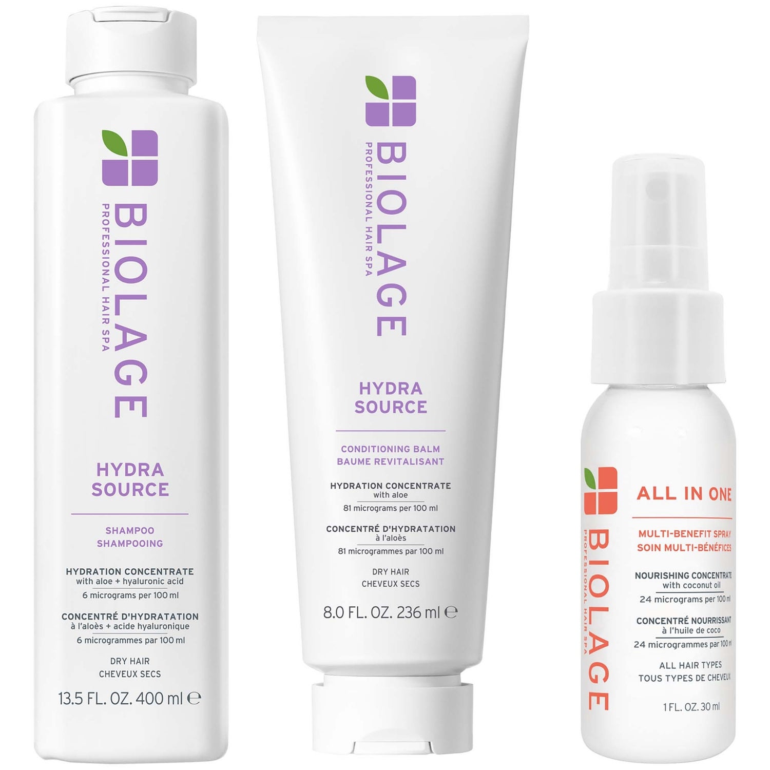 Biolage Hydra Source Shampoo 400ml and Conditioner 236ml and Mini All-In-One Spray 45ml