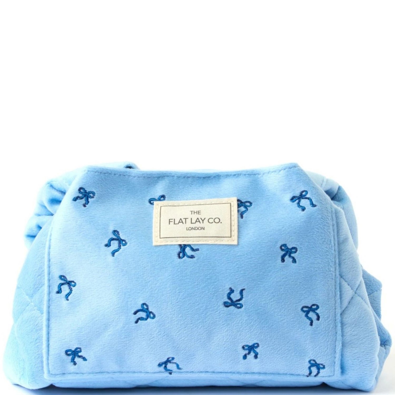 The Flat Lay Co. Drawstring Flat Lay Makeup Bag - Ditsy Bows Blue Embroidered Velvet