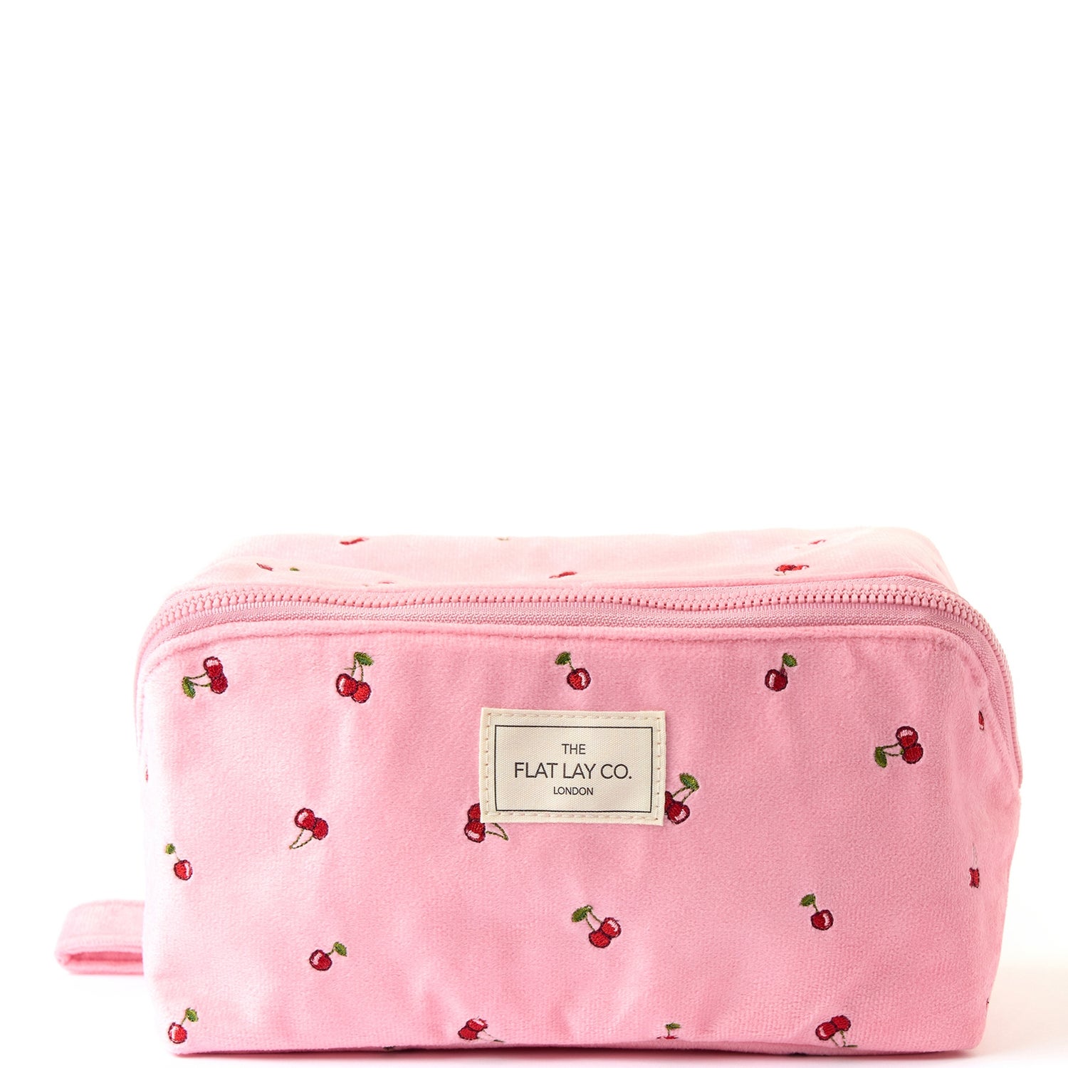 The Flat Lay Co. Flat Lay Makeup Box Bag - Ditsy Cherries Pink Embroidered Velvet
