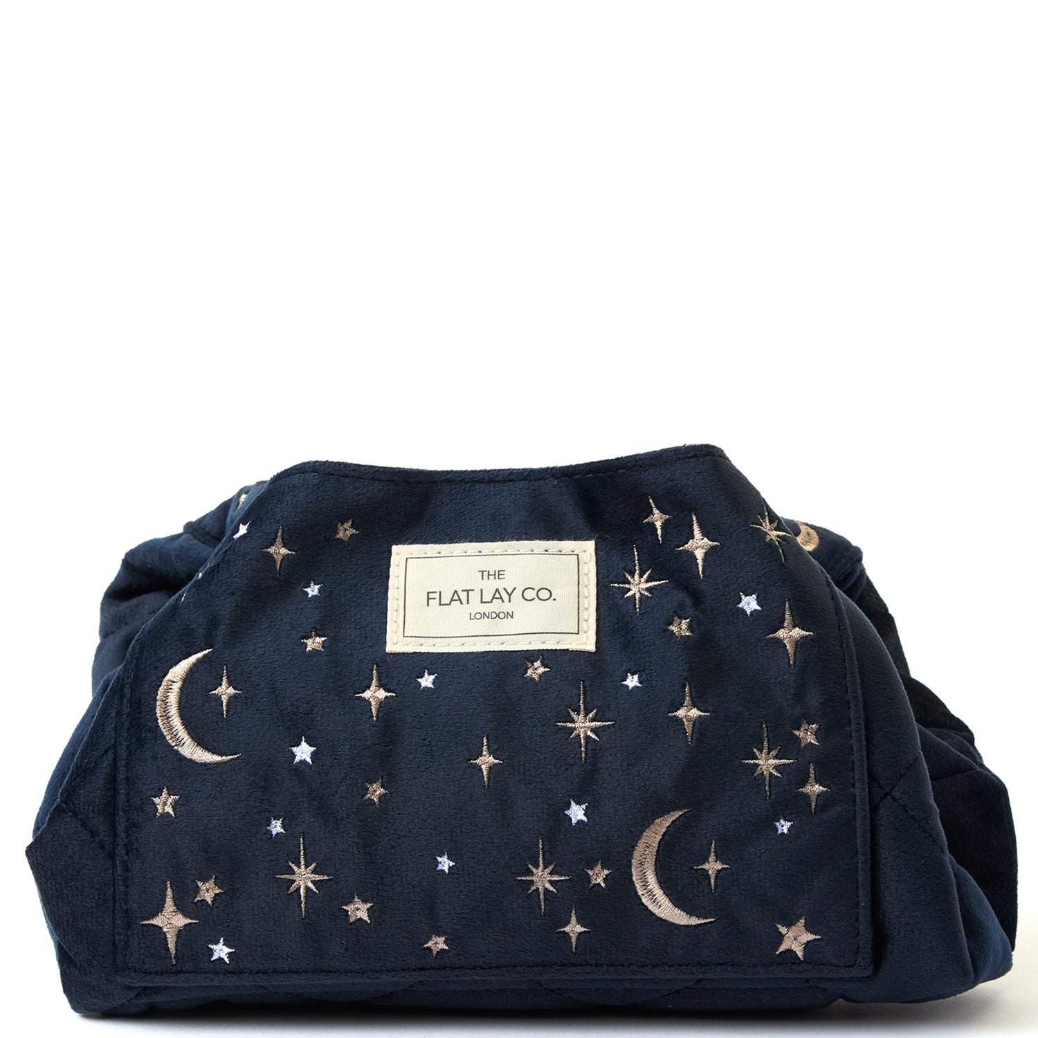 The Flat Lay Co. Drawstring Flat Lay Makeup Bag - Celestial Blue Embroidered Velvet