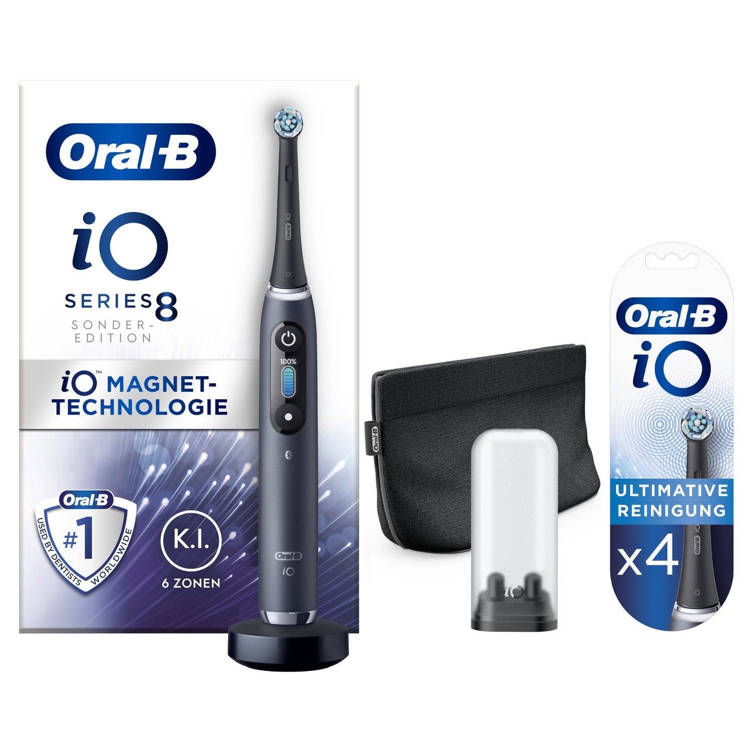 Oral-B iO iO 8 Special Edition Elektrische Zahnbürste, Farbdisplay & Beauty-Tasche, black onyx mit 4 Aufsteckbürsten