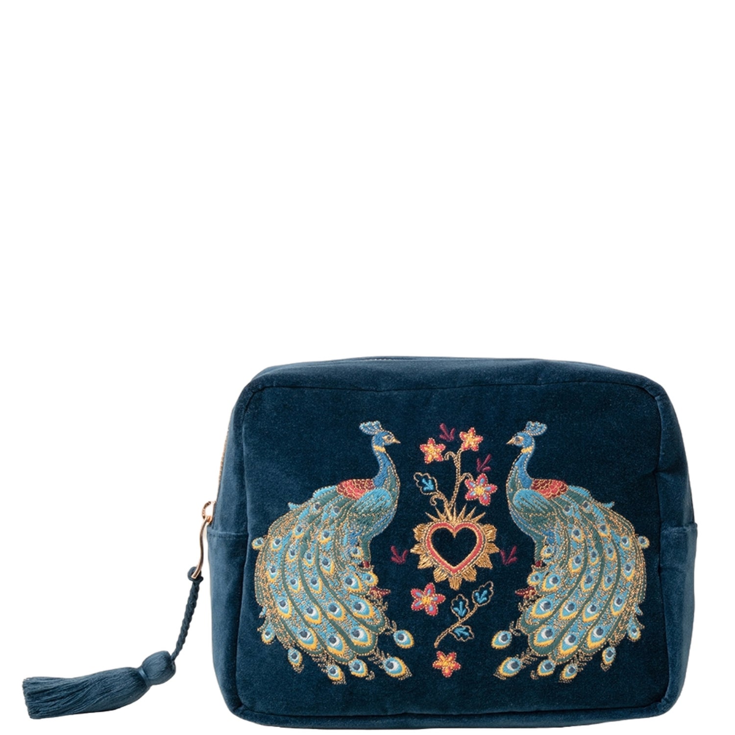 Elizabeth Scarlett Peacock Floral Ink Blue Velvet Wash Bag