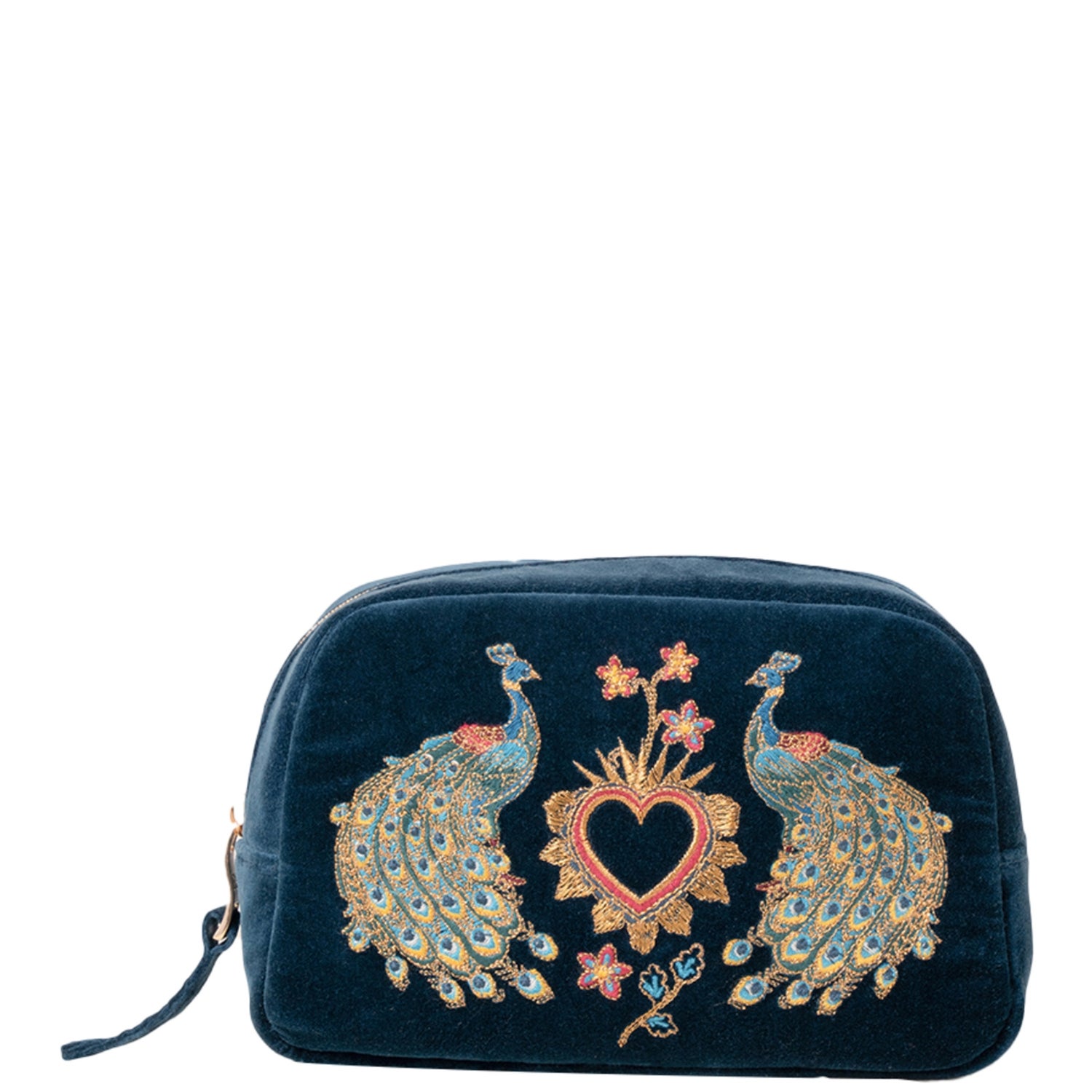 Elizabeth Scarlett Peacock Floral Ink Blue Velvet Makeup Bag