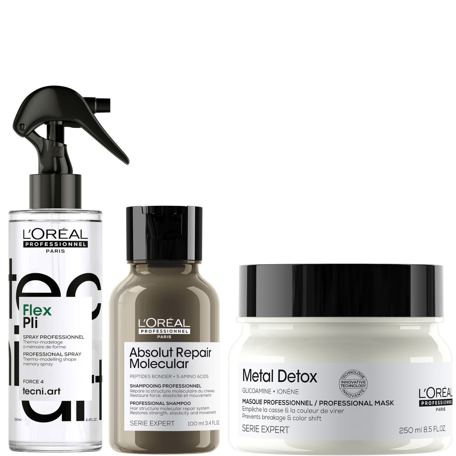 L'Oréal Professionnel Metal Detox Hair Mask & Tecni Art Flex Pli Styling Spray, with Free Mini shampoo, 250ml, 190ml & 100ml