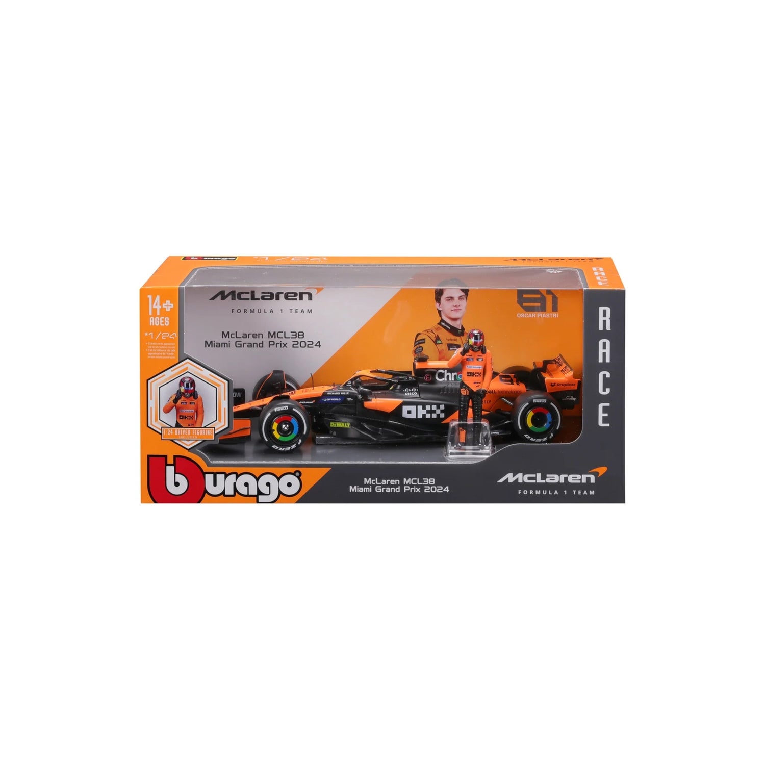 Burago F1 Mclaren MCL38 2024 With Driver Figure Piastri 1:24 Scale Model