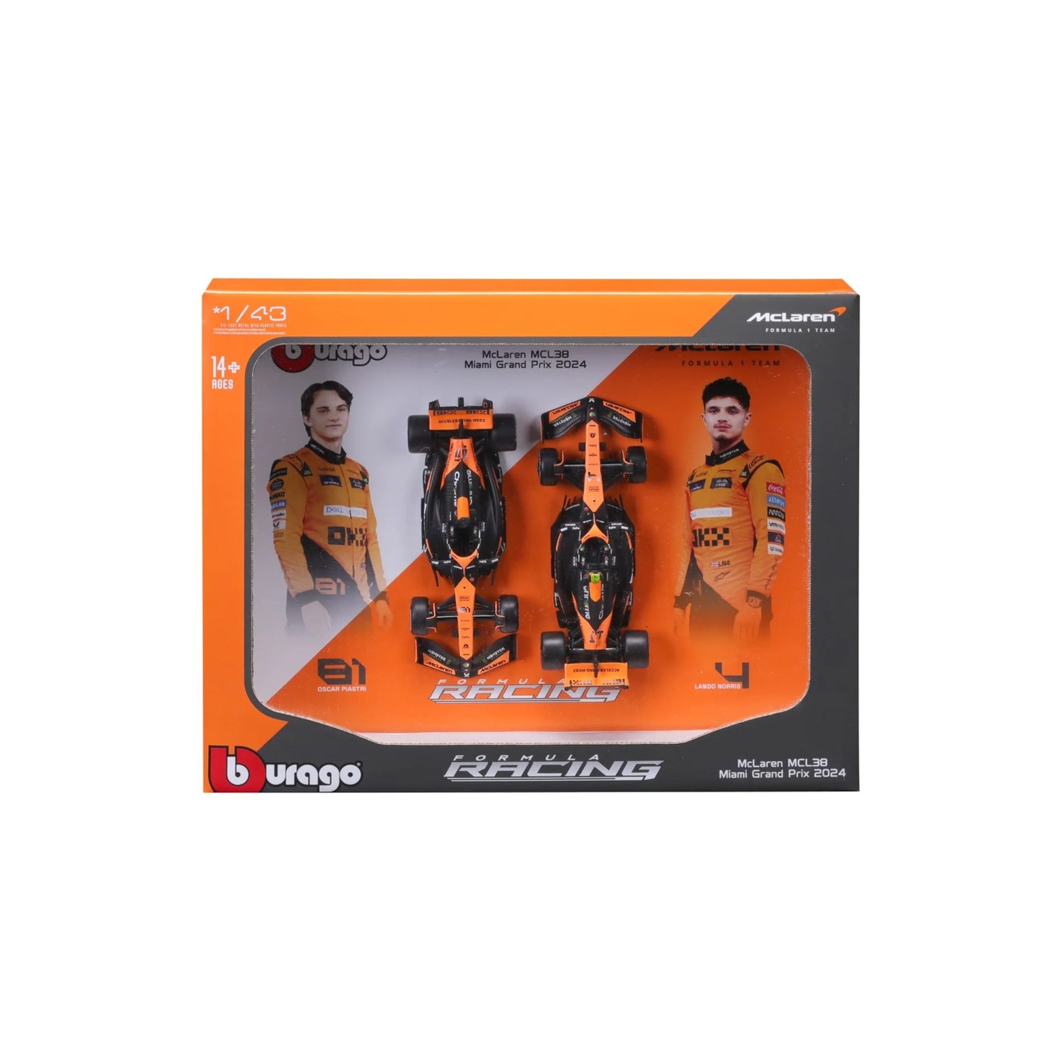 Bburago F1 Mclaren MCL38 2024 Two Pack Norris And Piastri 1:43 Scale Model Set
