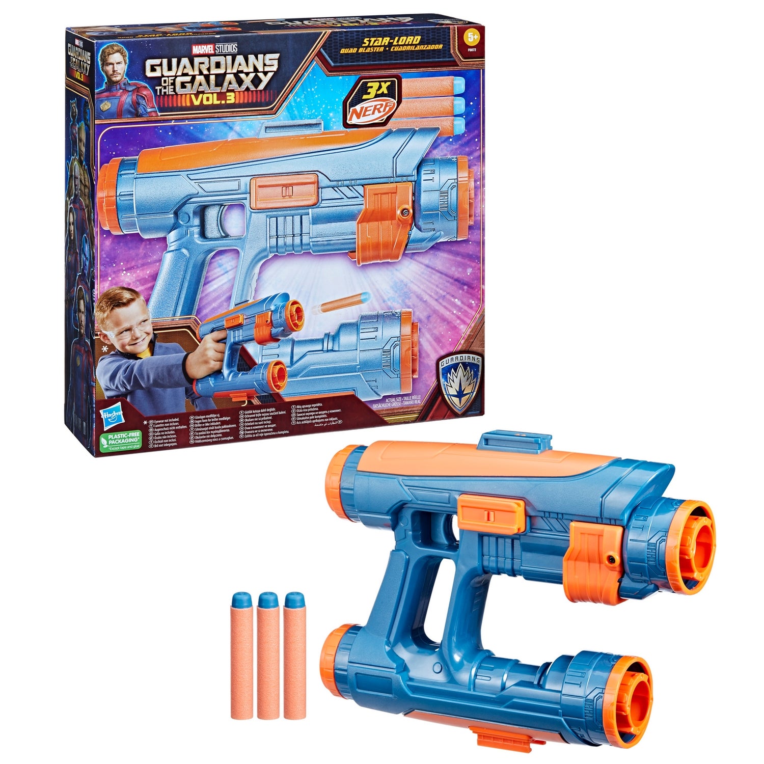Marvel Studios' Guardians of the Galaxy Vol. 3 Nerf Star-Lord Quad Blaster Role Play Toy, 3 Darts