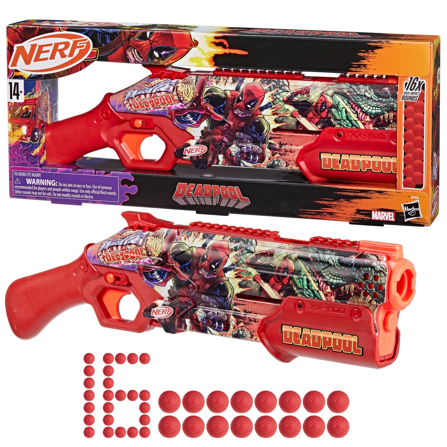Nerf Marvel Deadpool Blaster, 16 Nerf Rival Accu-Rounds, Pump Action, Gifts for Teens, 14+