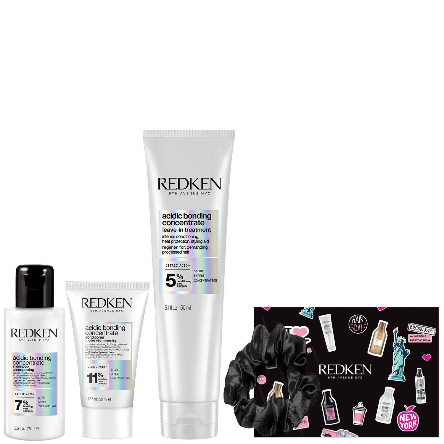 Redken Acidic Bonding Concentrate Shampoo 75ml, Redken Acidic Bonding Concentrate Conditioner 50ml, Redken Acidic Bonding Concentrate Leave-In Treatment 150ml & Limited-edition satin scrunchie set TOTW bundle