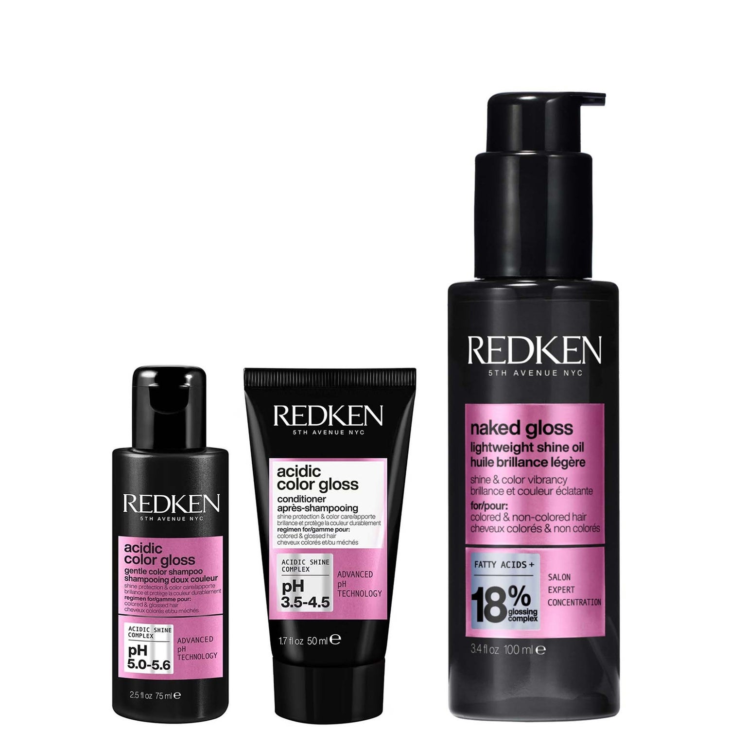 Redken Acidic Color Gloss Shampoo Mini 75ml , Conditioner Mini 50ml and Naked Gloss Hair Oil 100ml Bundle