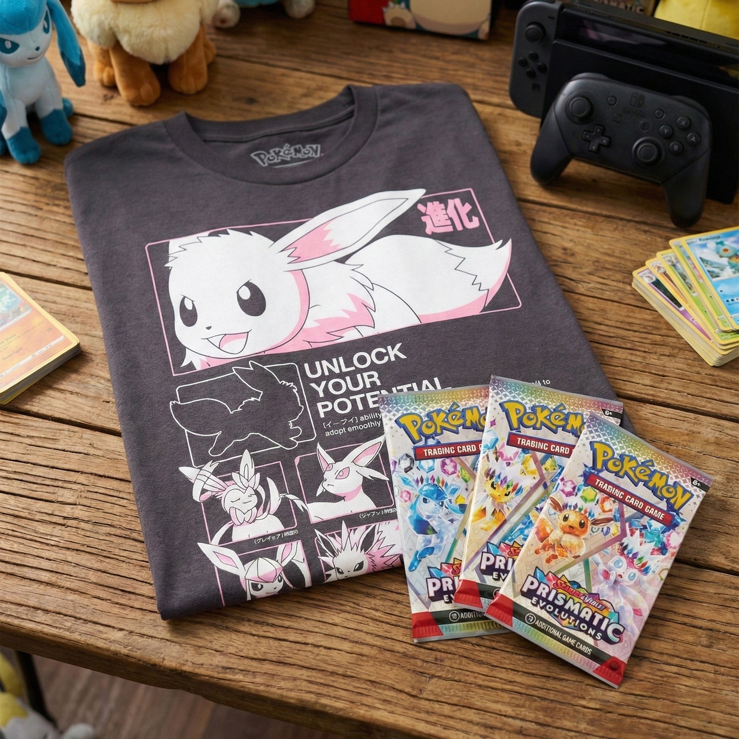 Pokémon Most Evolved T-Shirt & Pokémon TCG Bundle - 3 x Prismatic Evolutions Booster Packs