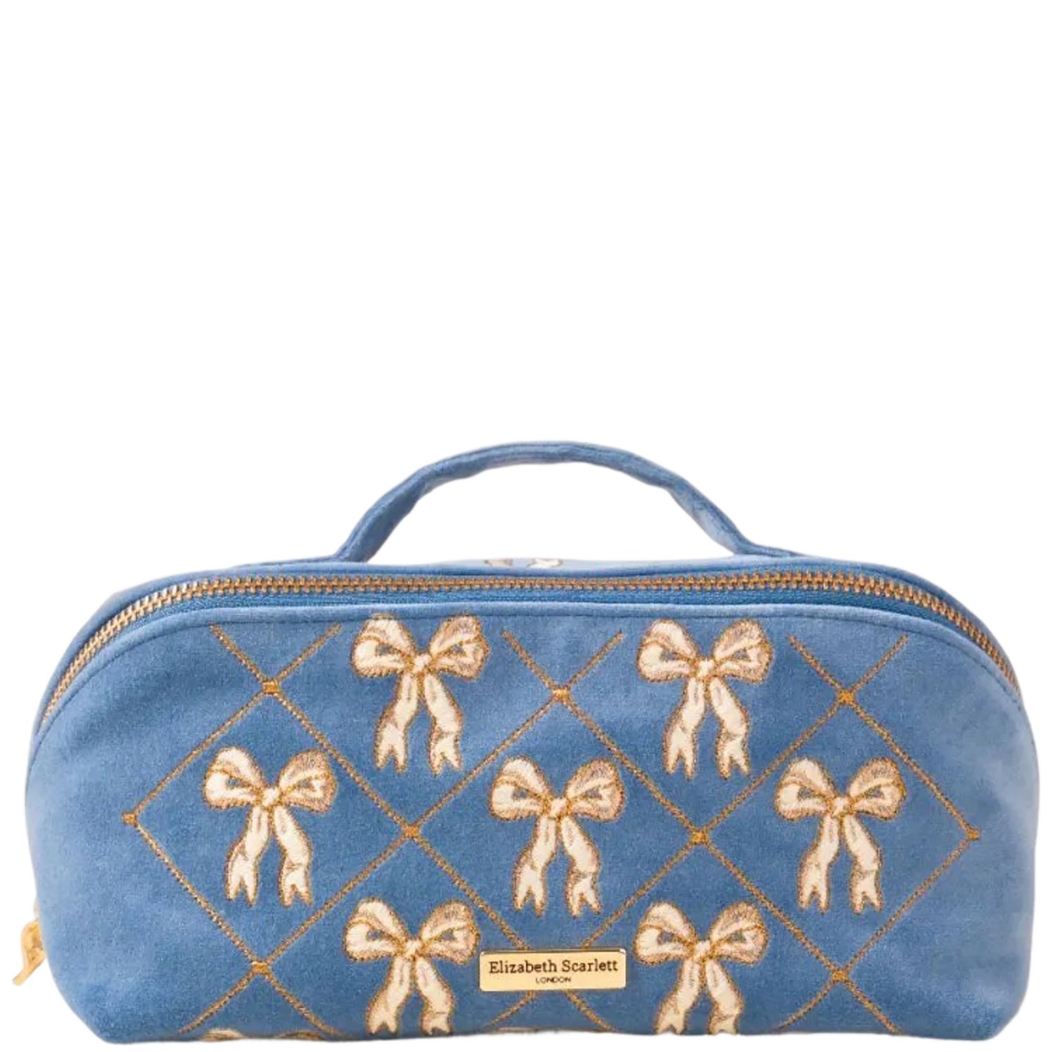 Elizabeth Scarlett Lattice Bows Velvet Open Flat Makeup Bag - Dusky Blue