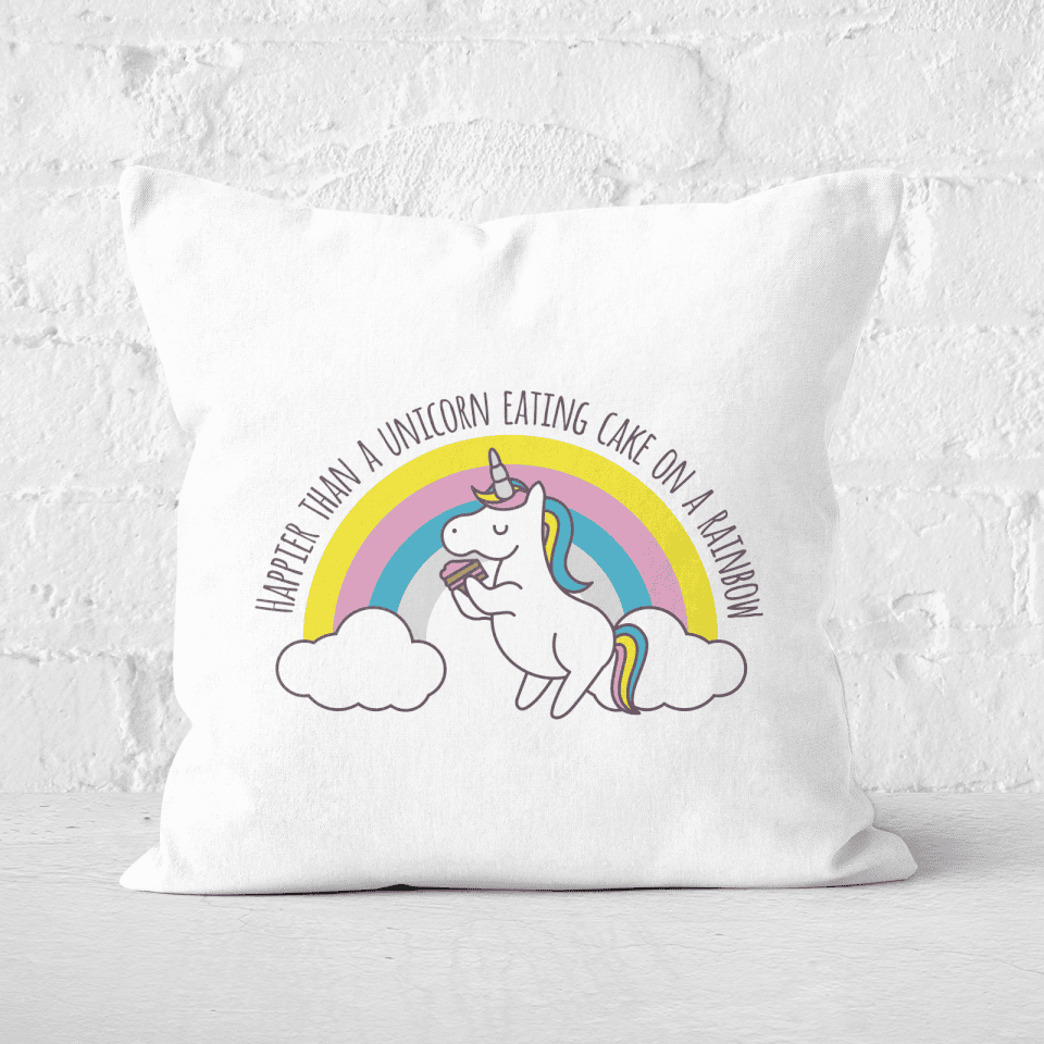 Happier Than A Unicorn Eating Cake Square Cushion