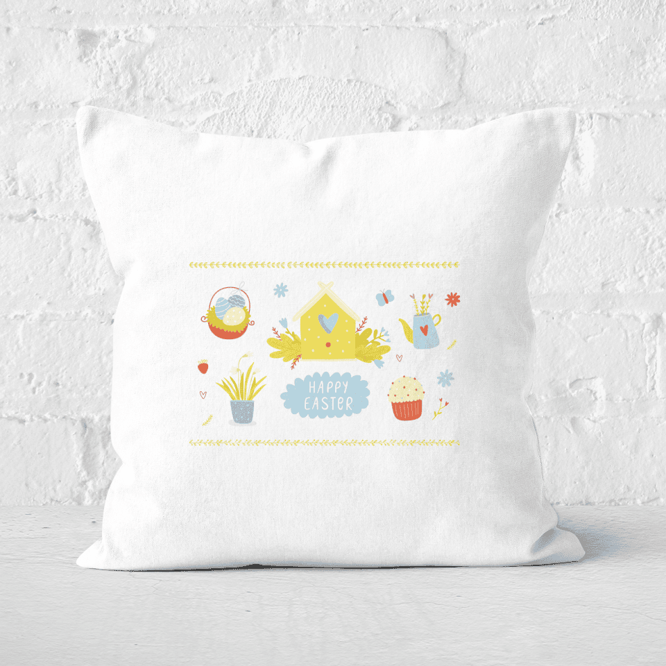 Pressed Flowers Happy Easter Bird House Square Cushion