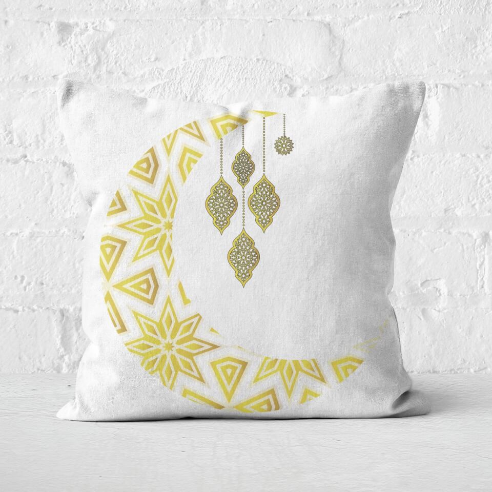 Eid Mubarak Patterned Moon And Lamps Square Cushion