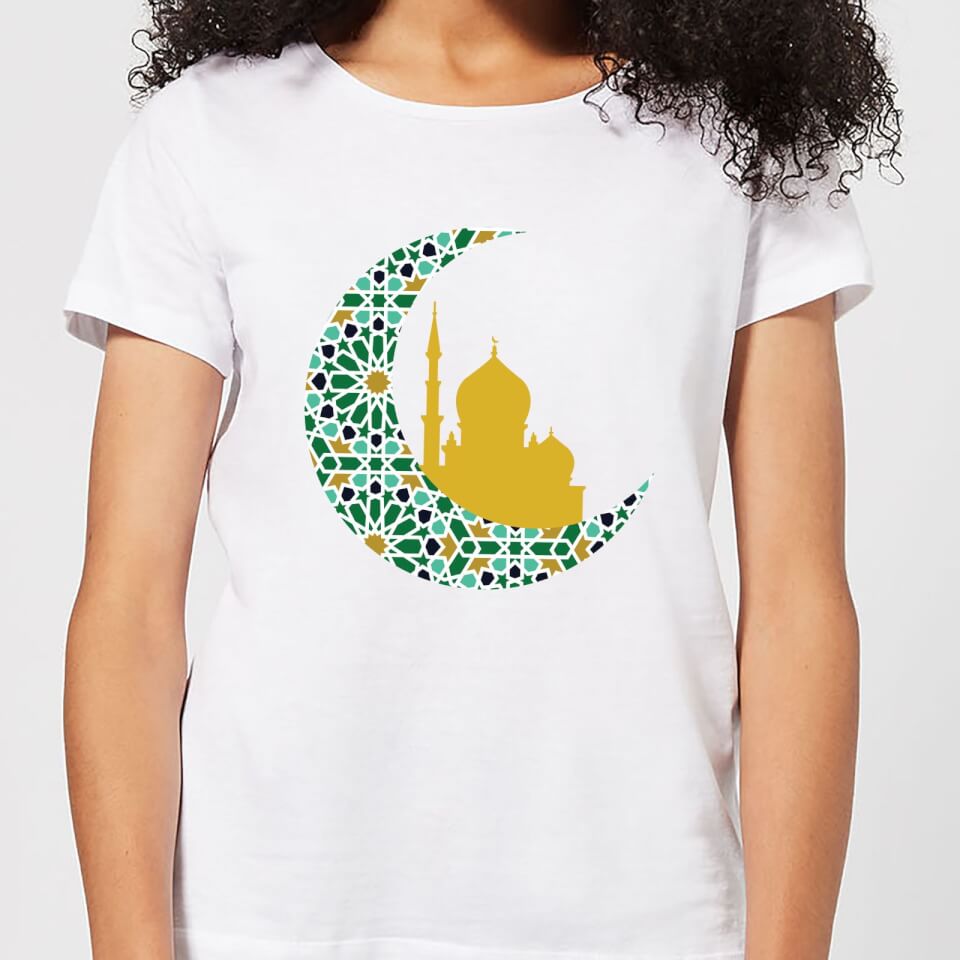 Eid Mubarak Patterned Moon And Golden Skyline Women's T-Shirt - White