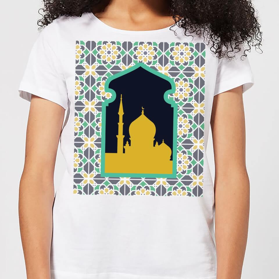Eid Mubarak Earth Tone Print And Window Frame Women's T-Shirt - White