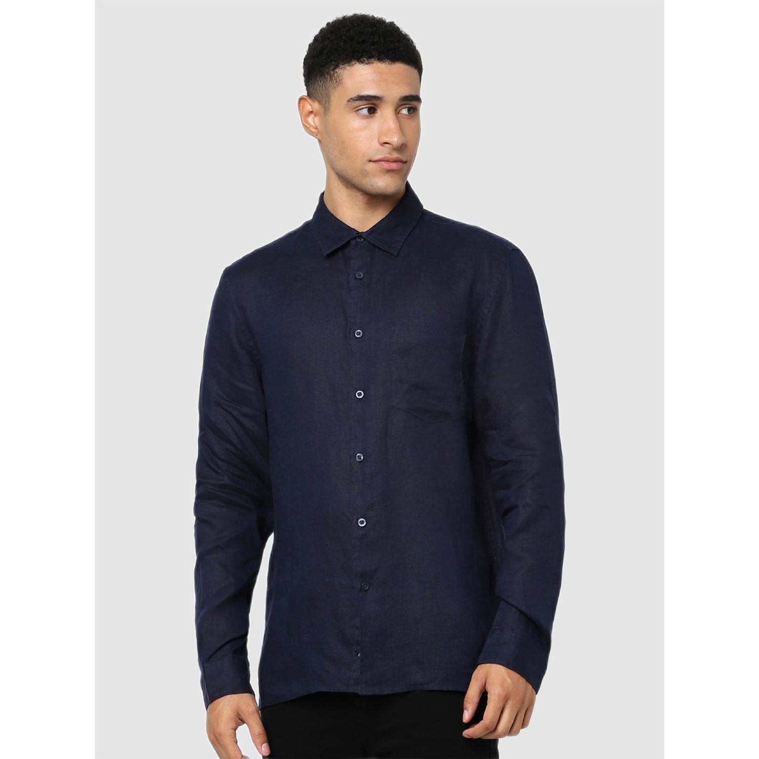Navy Blue Solid Regular Fit Classic Casual Shirt (BAFLAX)