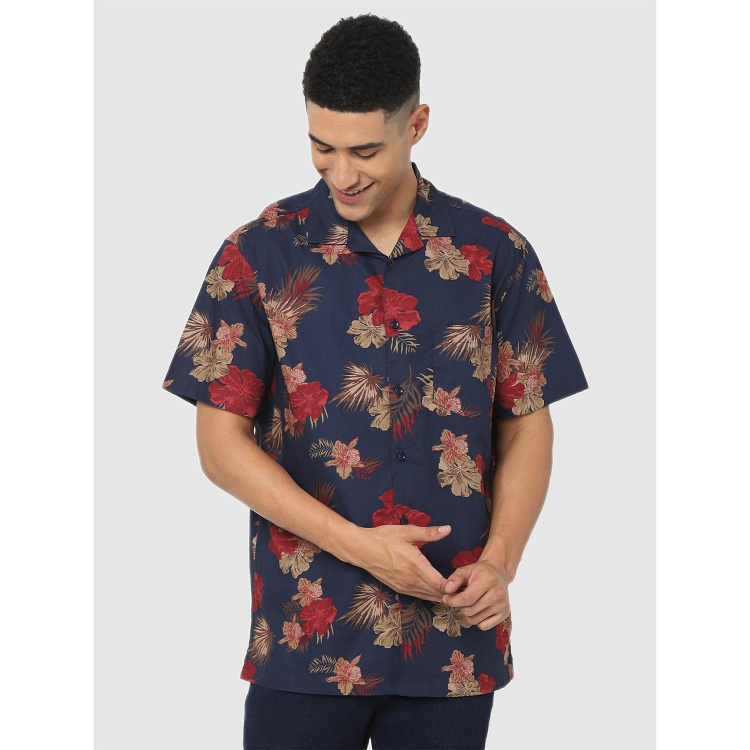 Navy Blue Regular Fit Classic Floral Printed Casual Shirt (BAFLOWER)