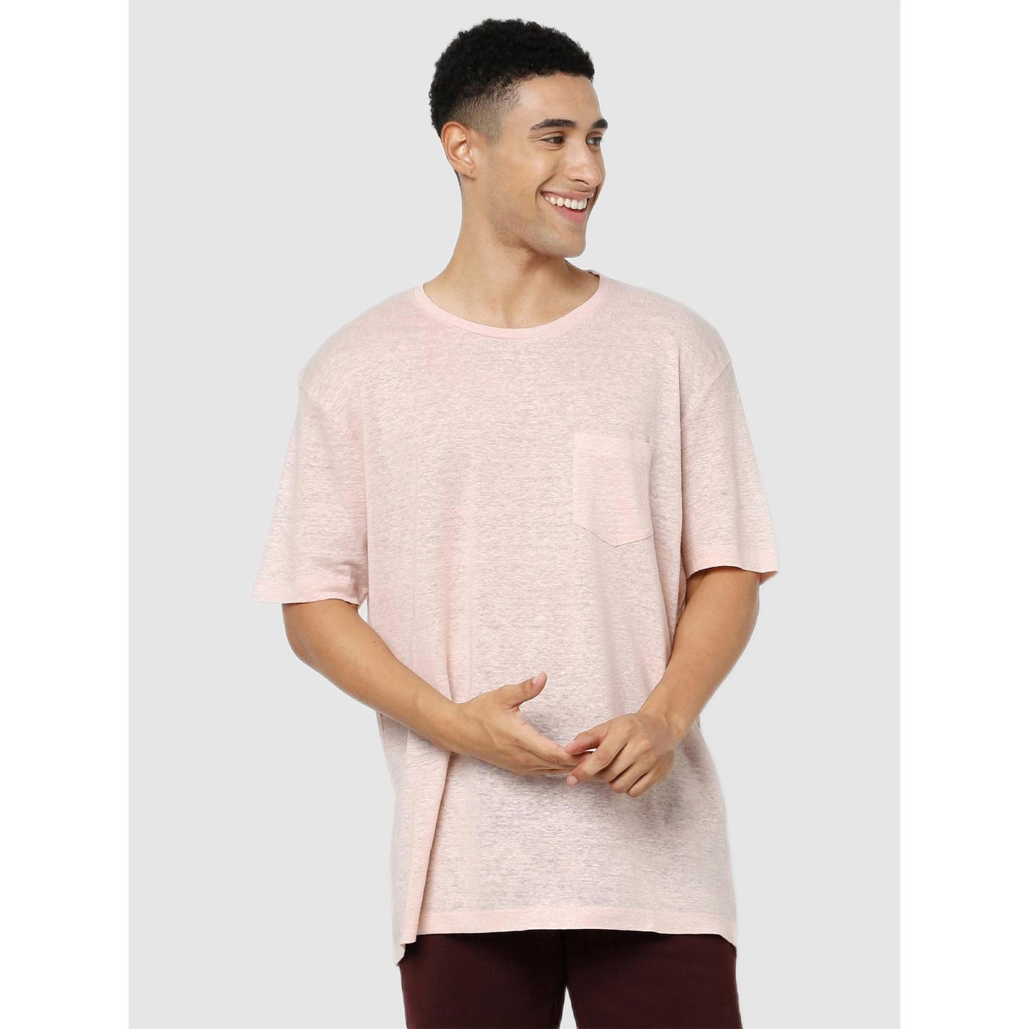 Dusty Pink Drop-Shoulder Sleeves Regular Fit Linen T-shirt (BELINO)