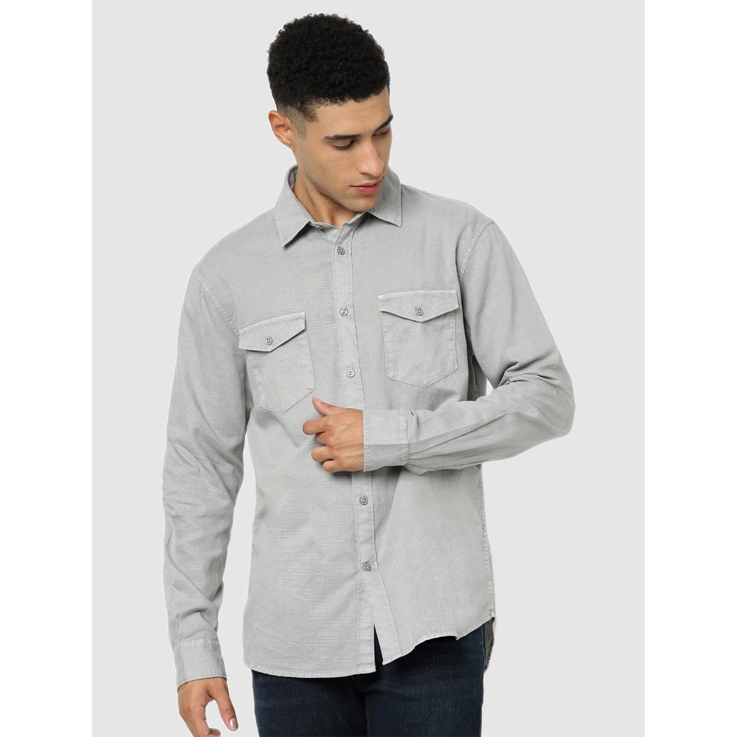 Grey Classic Regular Fit Casual Shirt (CALINOD)