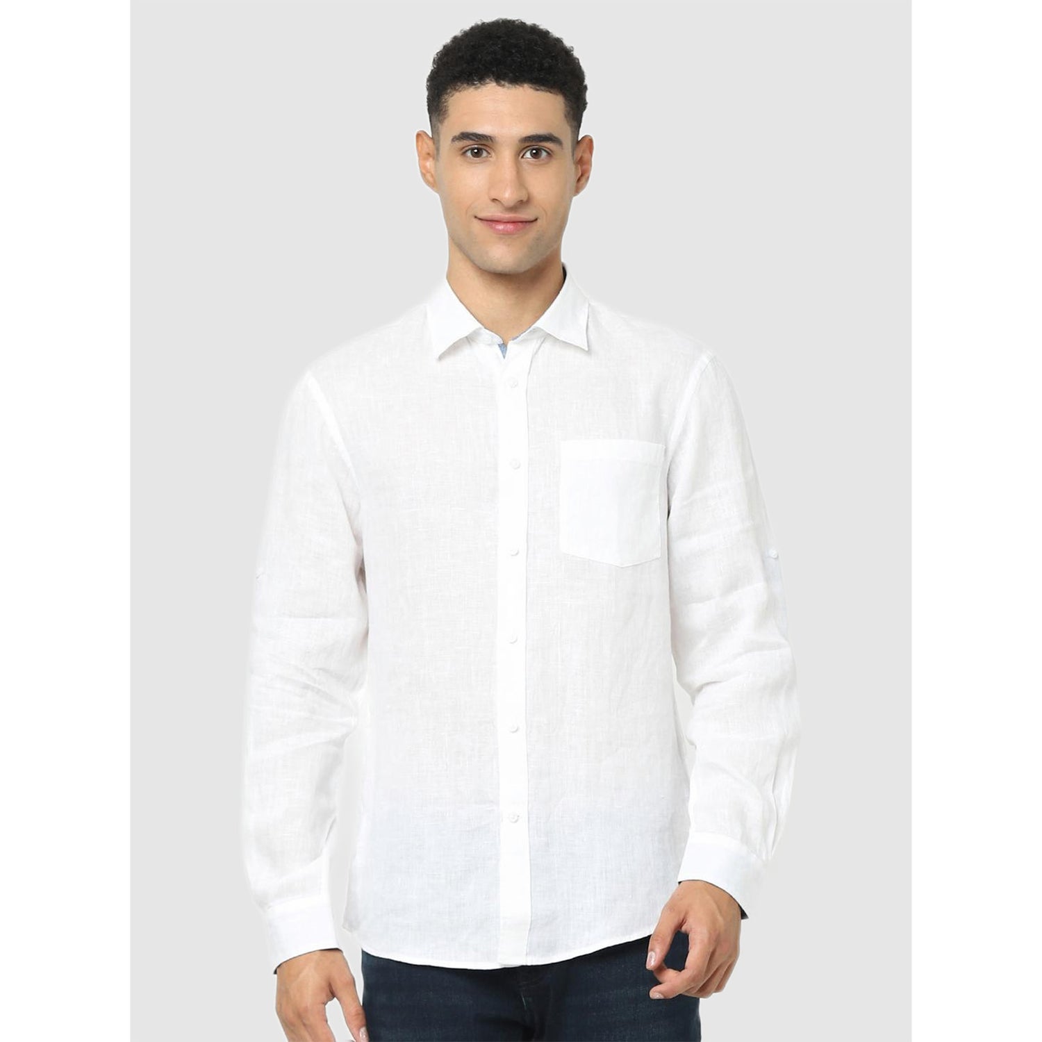 White Solid Classic Regular Fit Casual Linen Shirt (CATALIN)