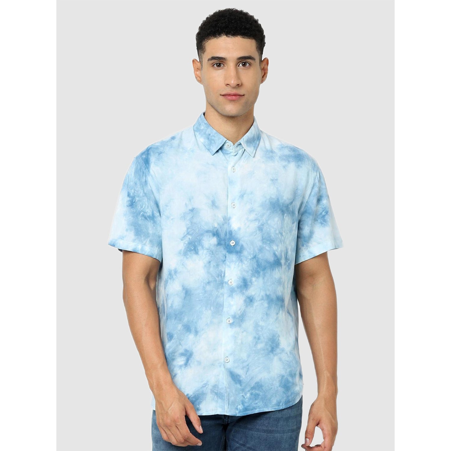 Blue and White Classic Printed Tie and Die Regular Fit Casual Shirt (CAVISTIC)