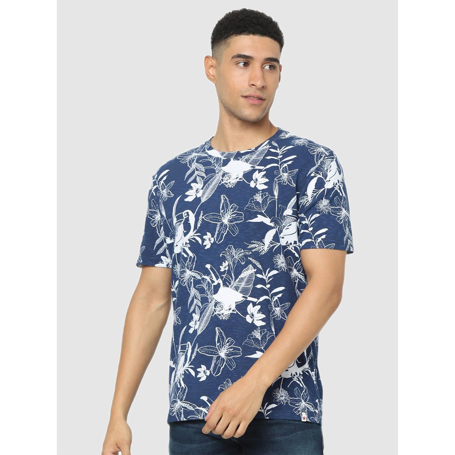 Blue Printed Tropical Cotton T-shirt (CECAN)
