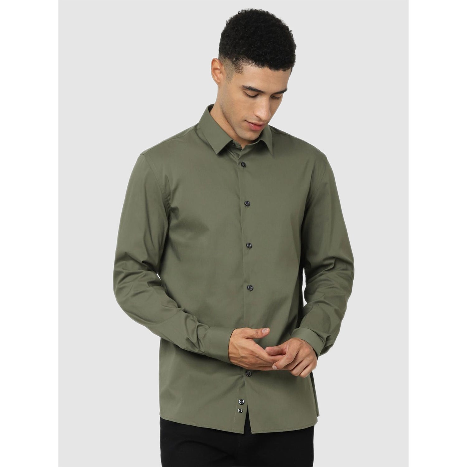 Olive Green Classic Casual Long Sleeve Collar Regular Fit Shirt (MASANTAL)