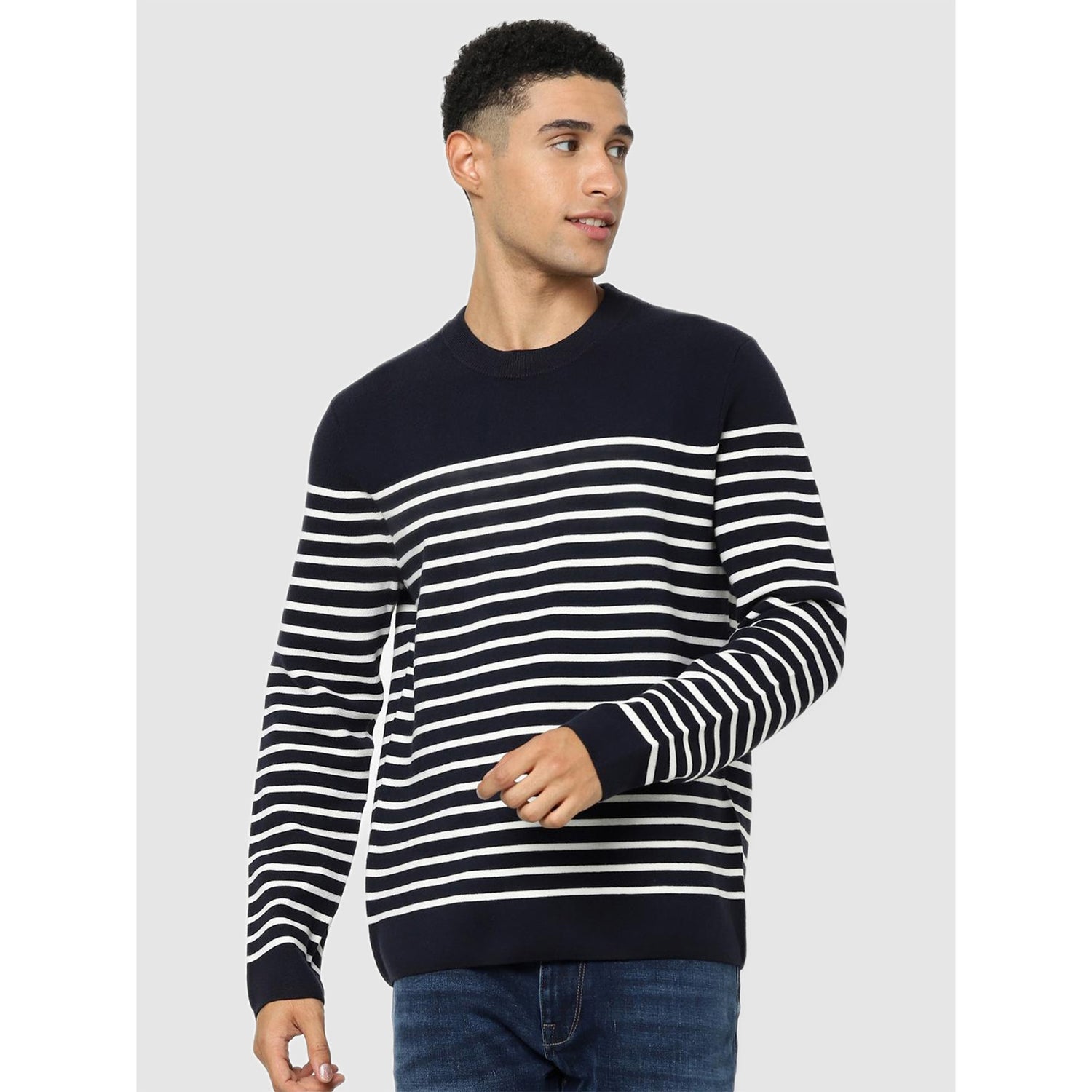 Navy Blue Regular Fit Striped Pullover Sweater (BEMARIN)