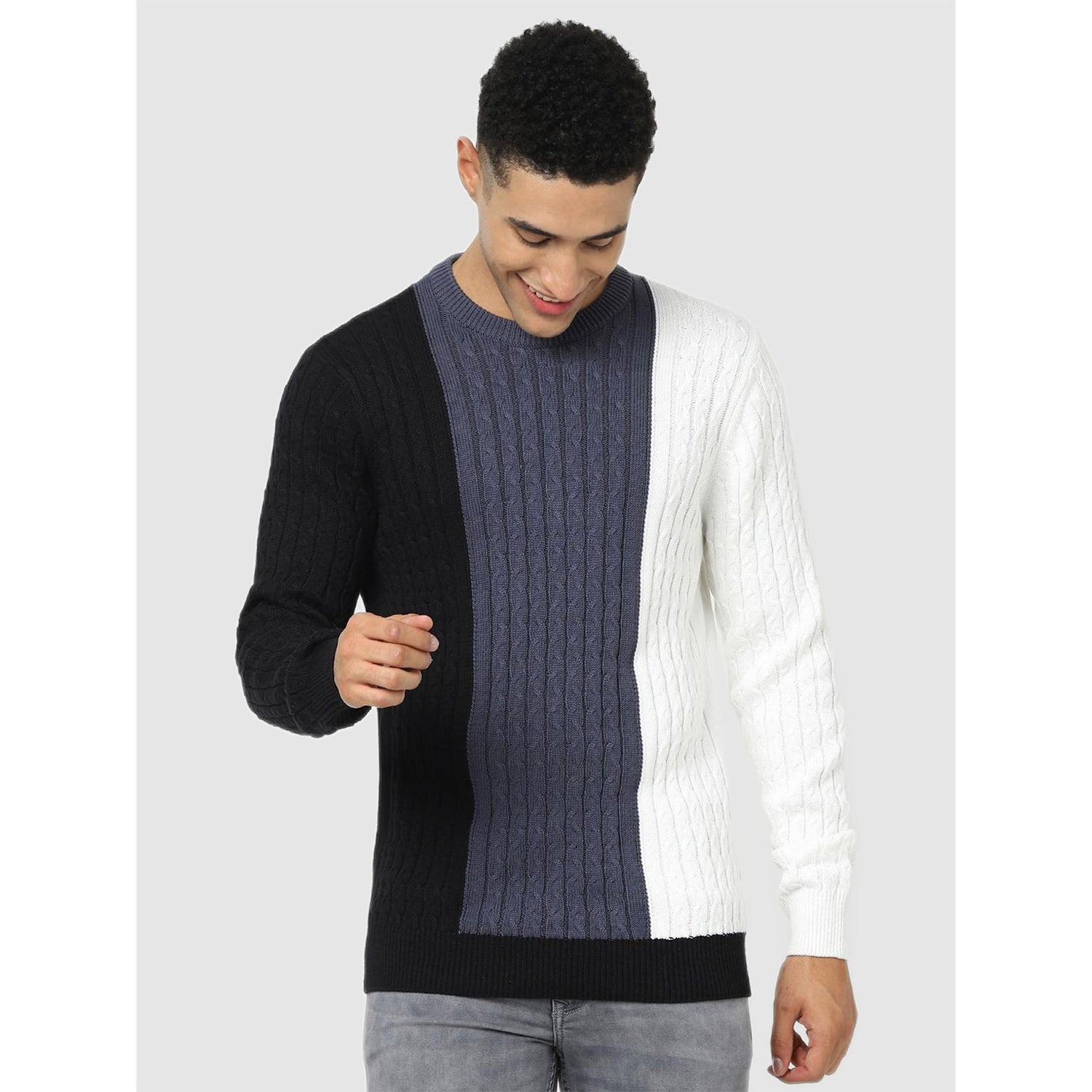 Black and Grey Striped Cotton Pullover Sweater (CECABLE)