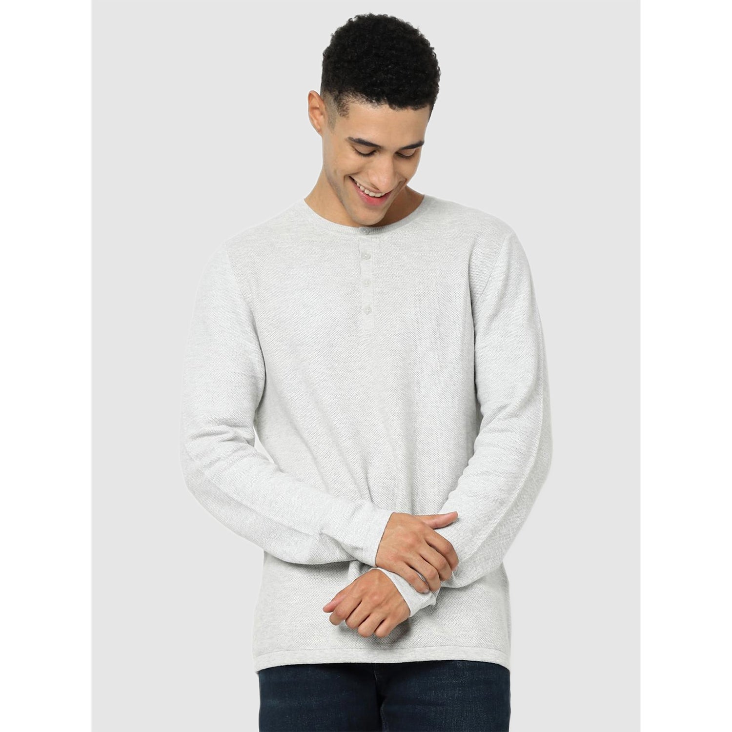 Light Grey Solid Regular Fit Cotton Pullover Sweater (CEHENPIK)