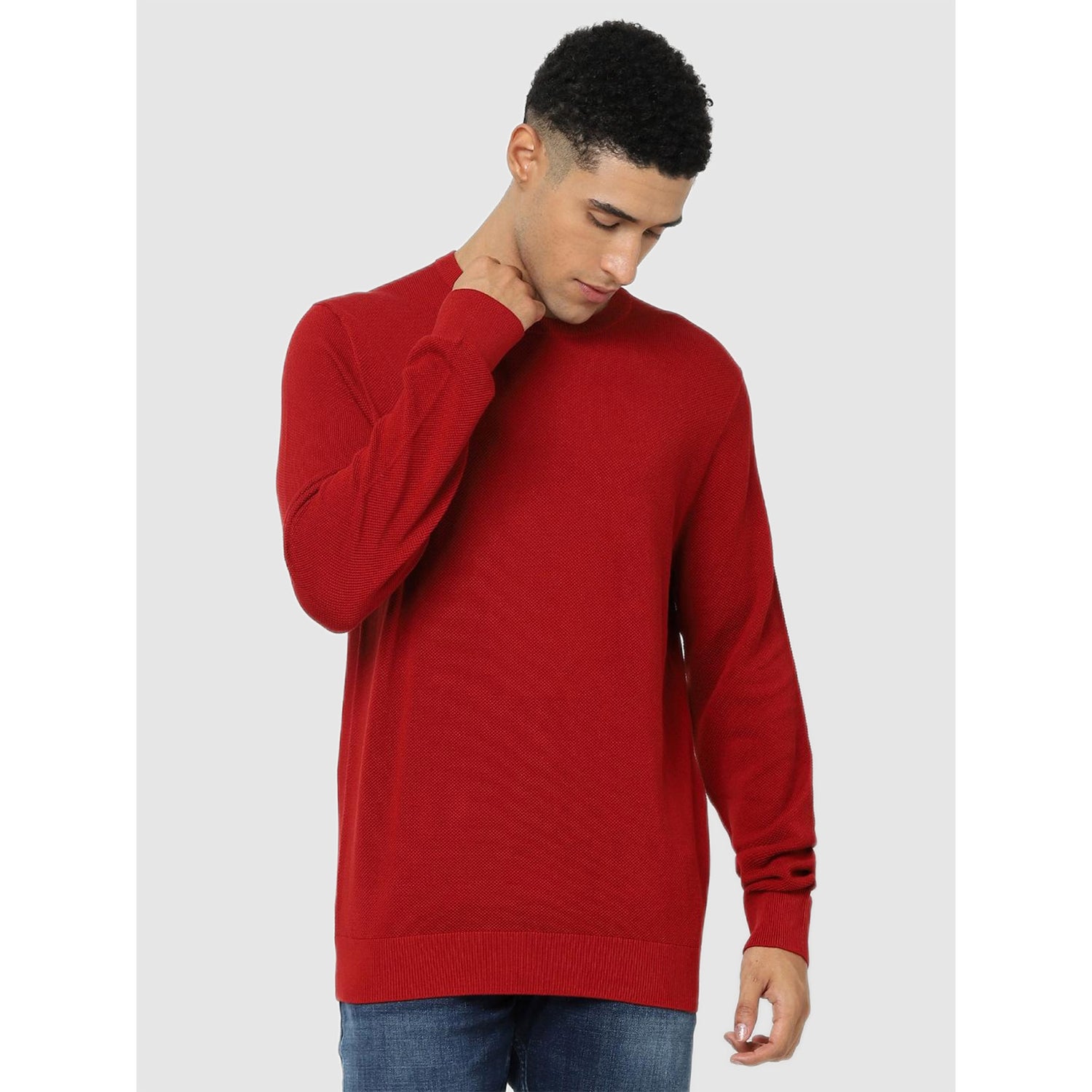 Red Solid Regular Fit Pullover Sweater (CEPICIN)