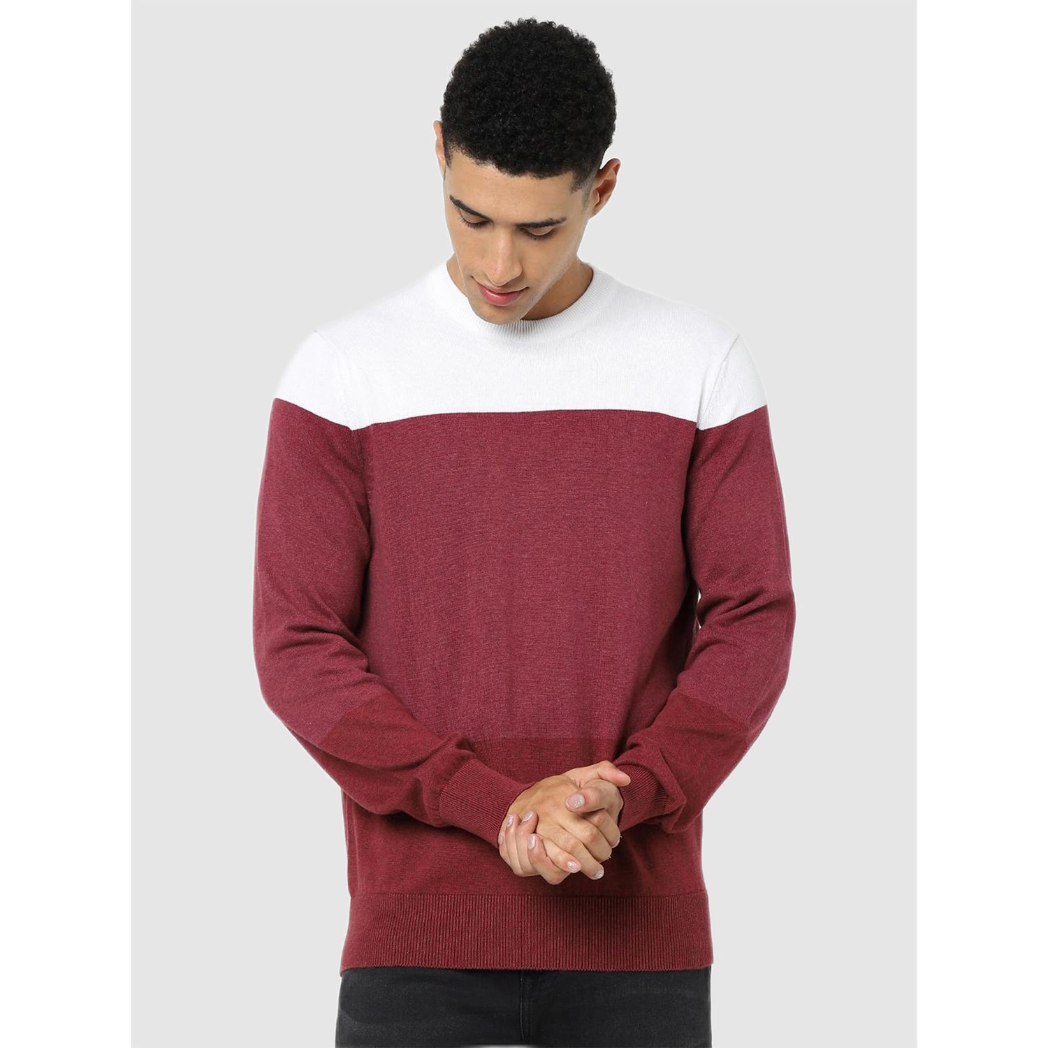 Maroon and White Colourblocked Pullover Sweater (CERAIN)