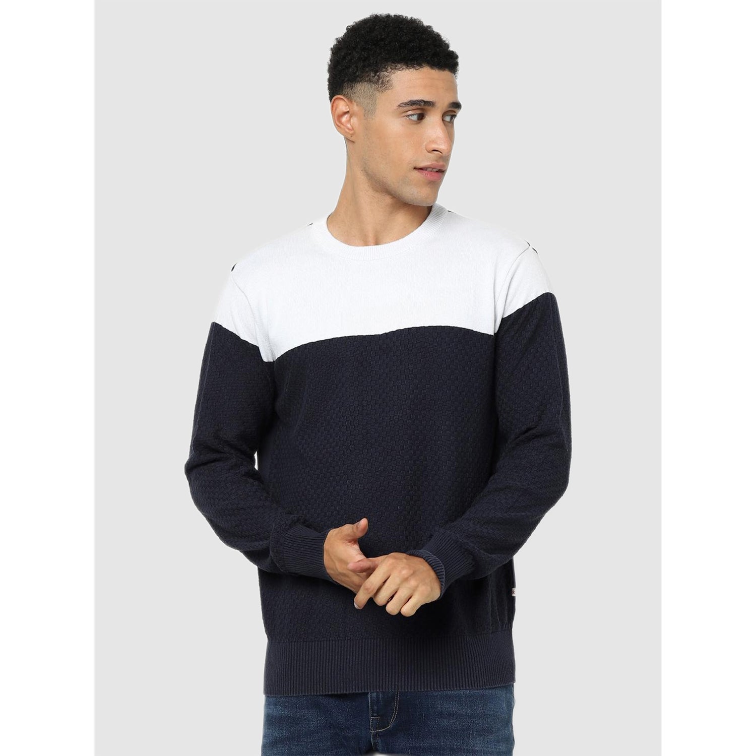 Navy Blue and White Colourblocked Cotton Pullover Sweater (CESQUARE)