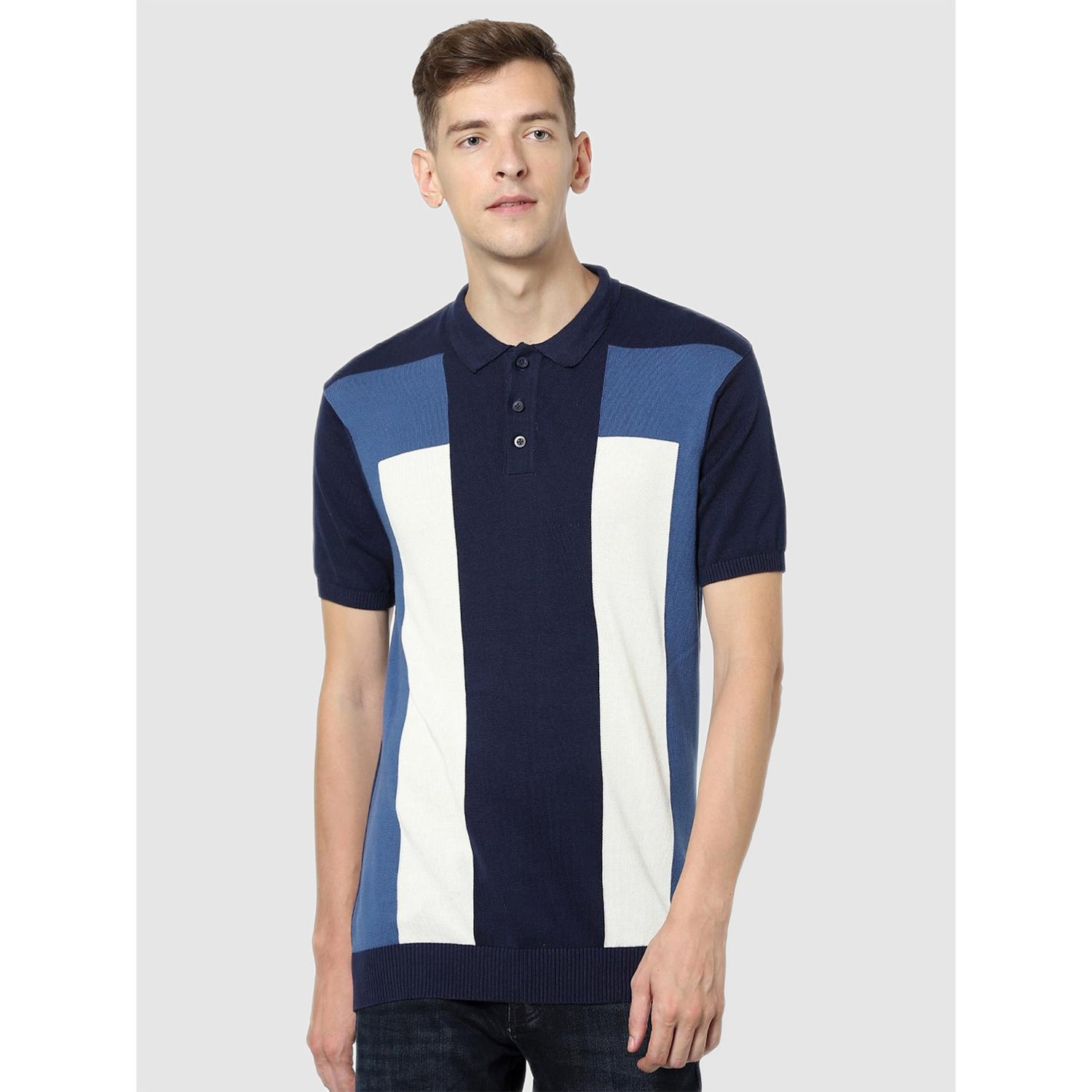 Navy Blue Colourblocked Polo Collar T-shirt (CEBLOCK)