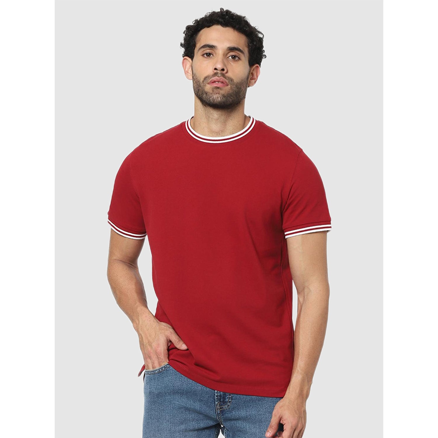 Red and White Solid Regular Fit Cotton T-shirt (BEPIQUO)