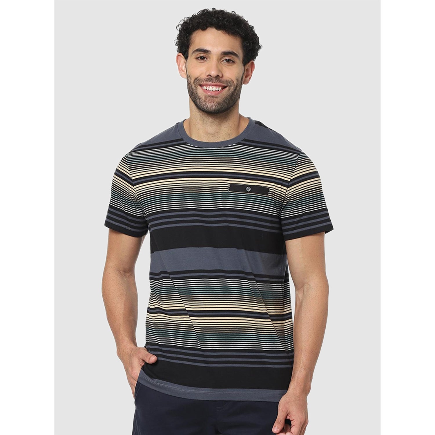 Charcoal-Grey Horizontal-Stripes Regular Fit T-Shirt (Various Sizes)