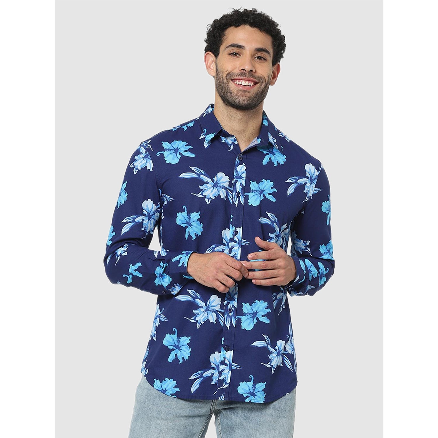 Blue Classic Slim Fit Floral Printed Casual Shirt (CAFLORAL)