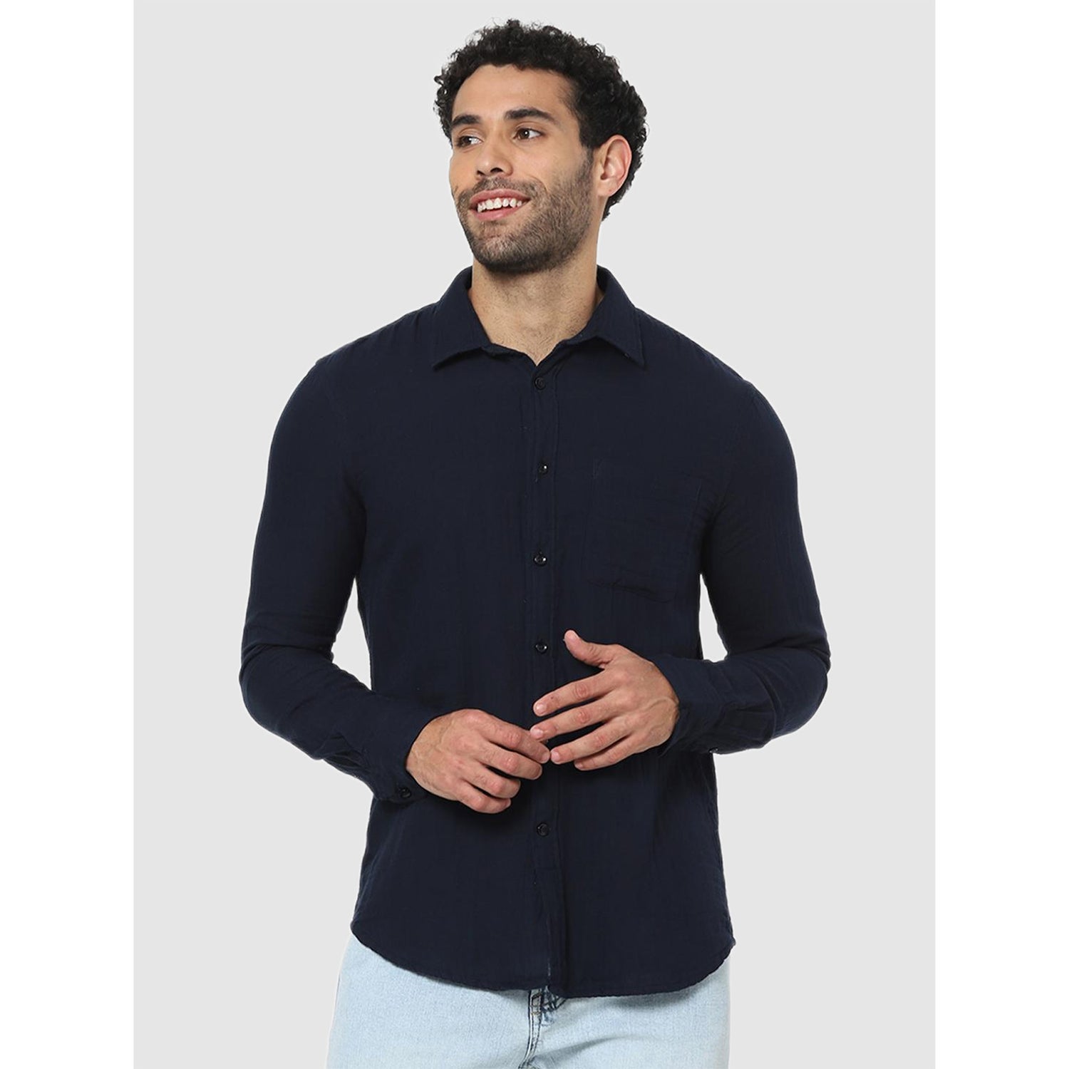 Navy Blue Classic Regular Fit Solid Casual Shirt (CADUO)