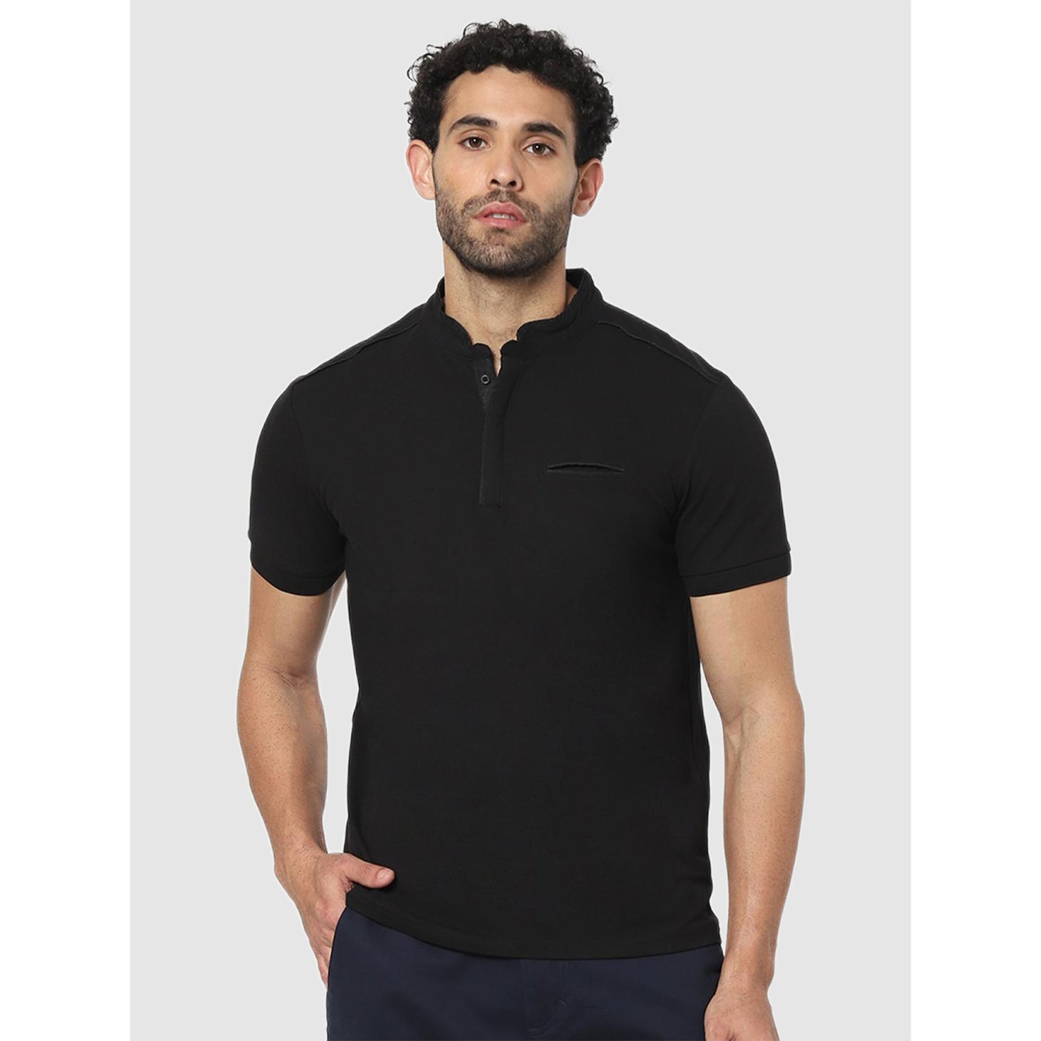 Black Mandarin Collar Slim Fit Cotton T-shirt (VEOFFICERIN1)