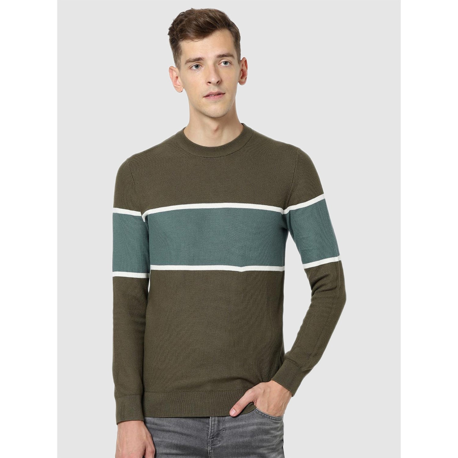 Olive Green and Blue Colourblocked Pullover Sweater (CEBLOCPIK)