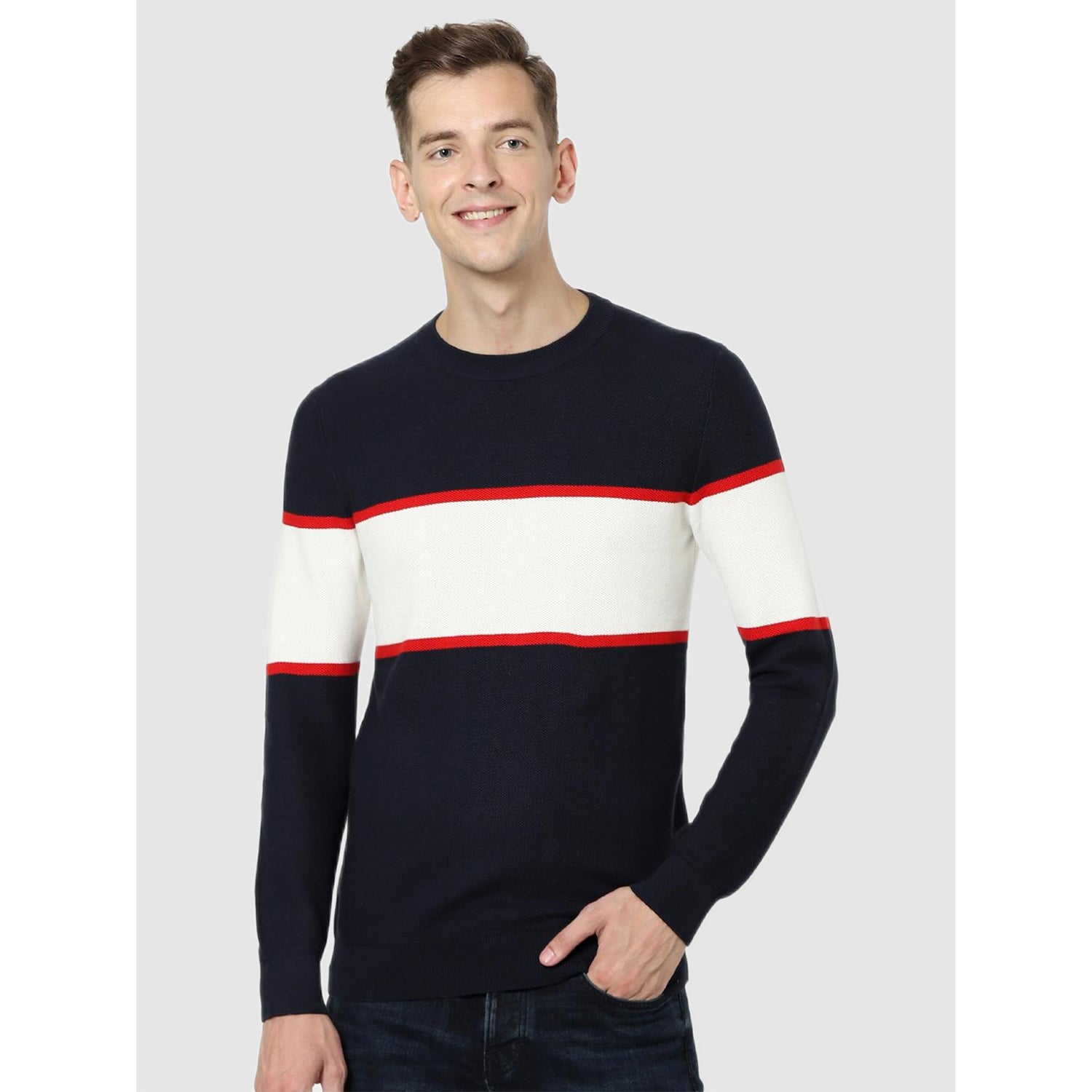 Navy Blue and White Colourblocked Pullover Sweater (CEBLOCPIK)
