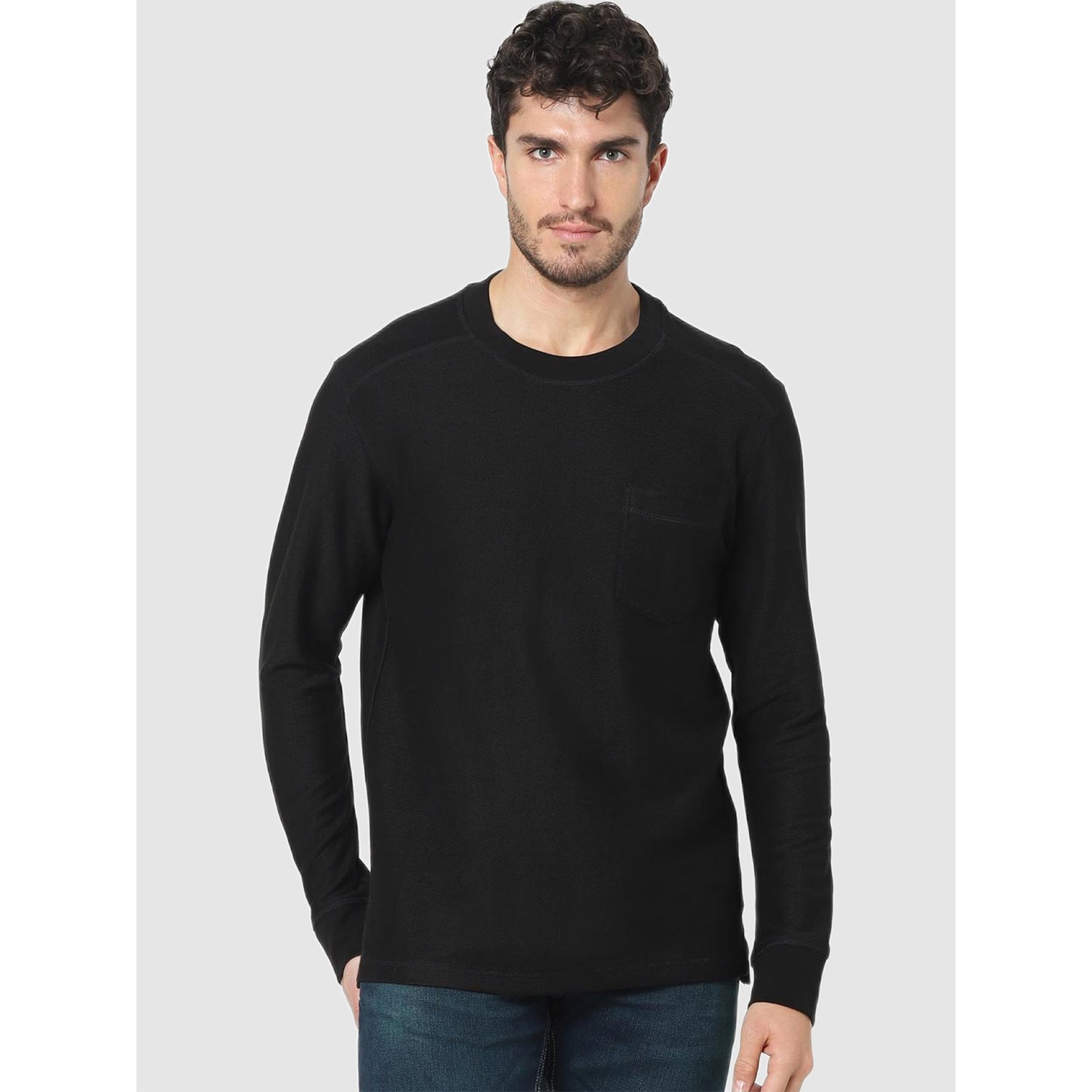 Black Long Sleeves Round Neck Cotton T-shirt (CEFRAME)
