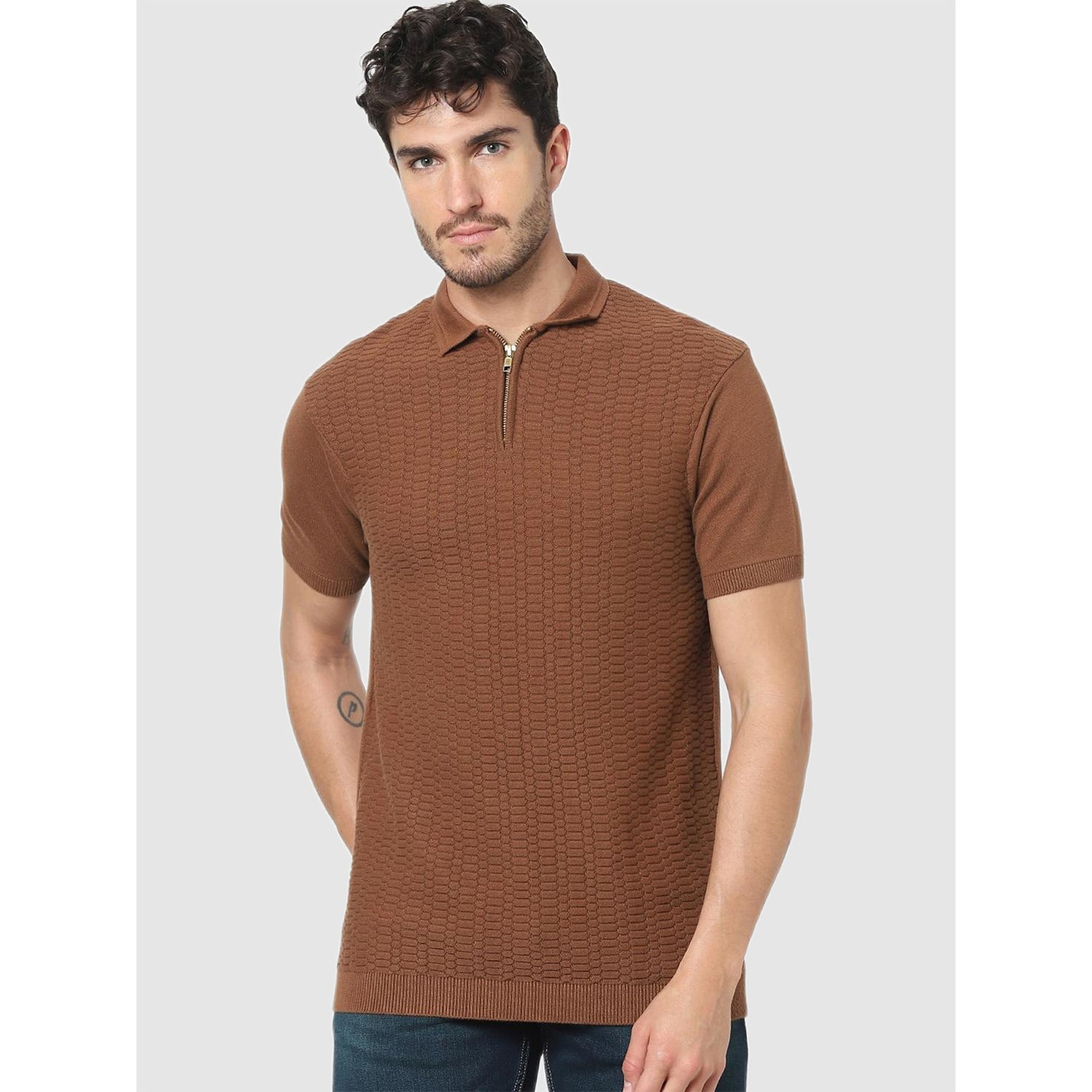 Brown Polo Collar Cotton T-shirt (CEJACKIN)