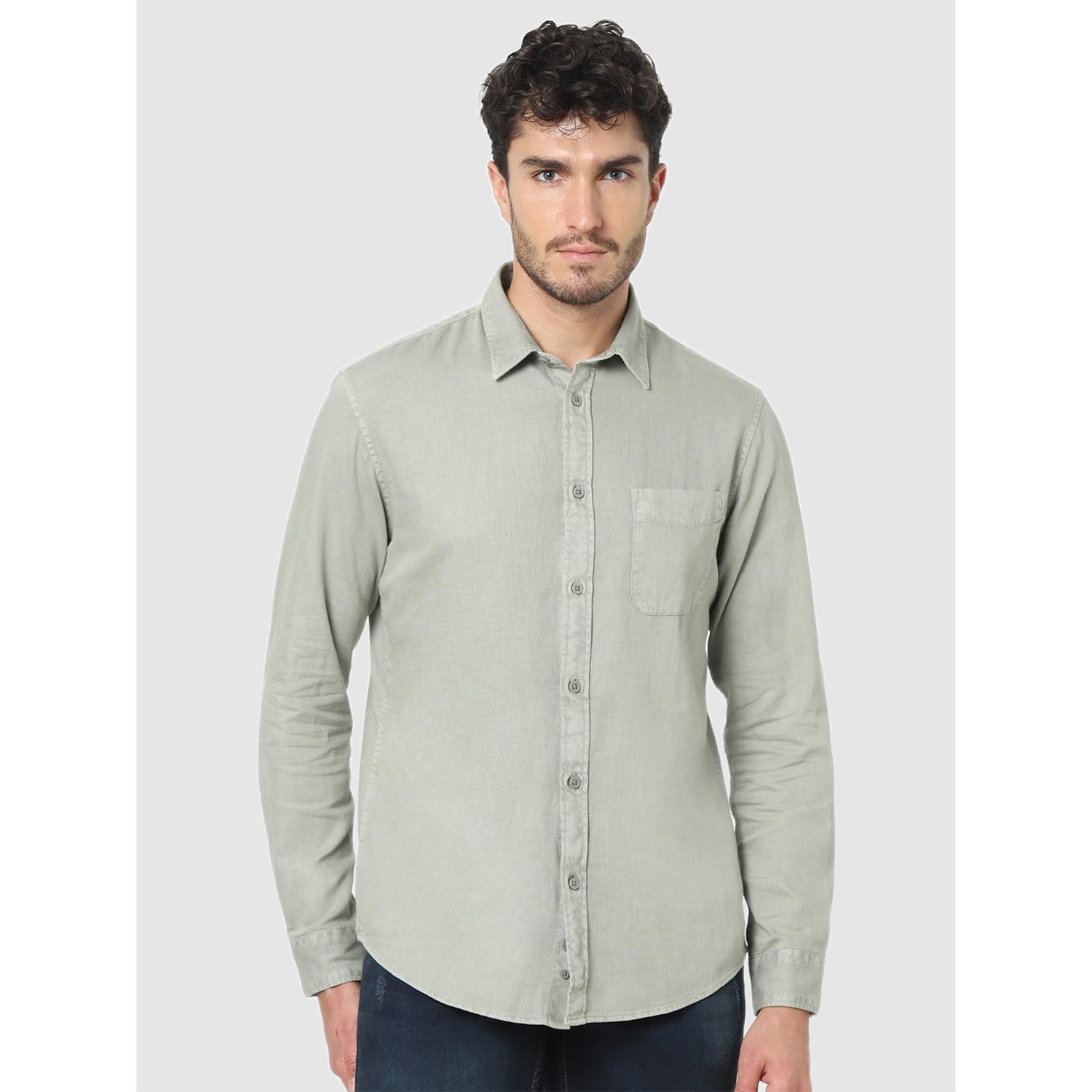 Grey Solid Long Sleeves Classic Casual Shirt (CAJEAN)
