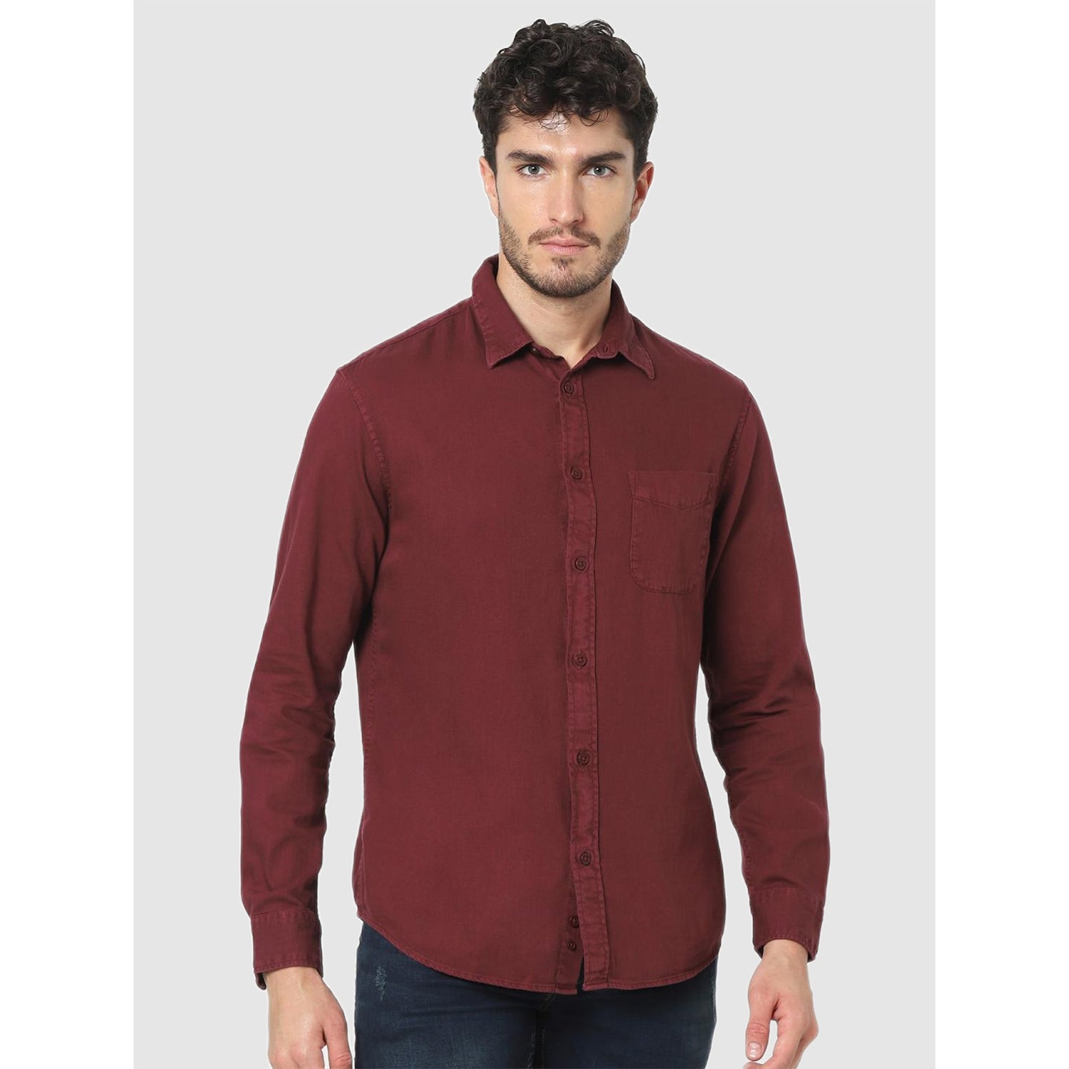 Maroon Solid Long Sleeves Classic Casual Shirt (CAJEAN)
